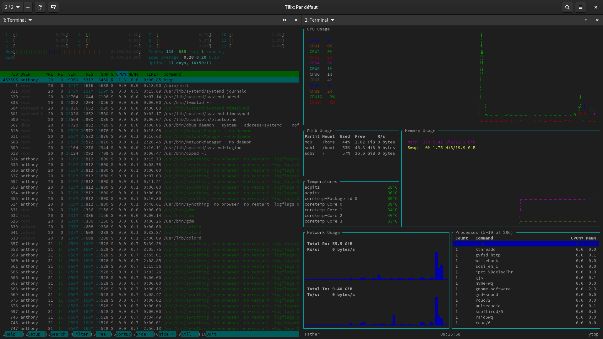 htop (à gauche) vs ytop (à droite)
