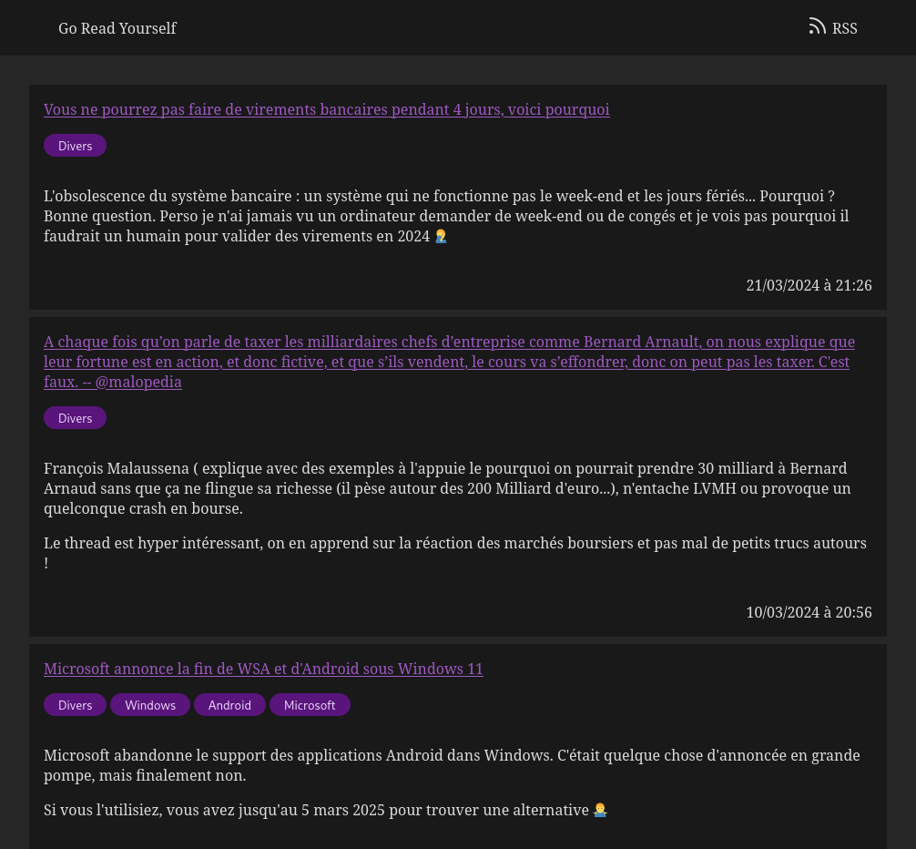 Capture d'écran de la page d’accueil de mon instance Go Read Yourself en Light ou Dark thème