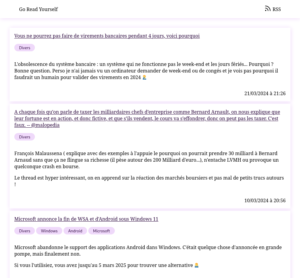 Capture d'écran de la page d’accueil de mon instance Go Read Yourself en Light ou Dark thème