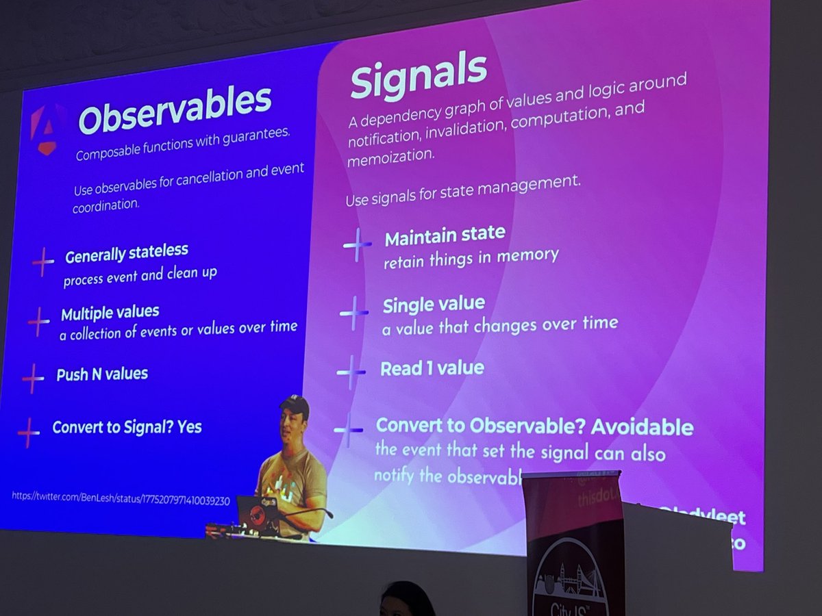 Photo venant d'un talk de Tracy Lee qui a extrait une slide d'un talk de Ben Lesh