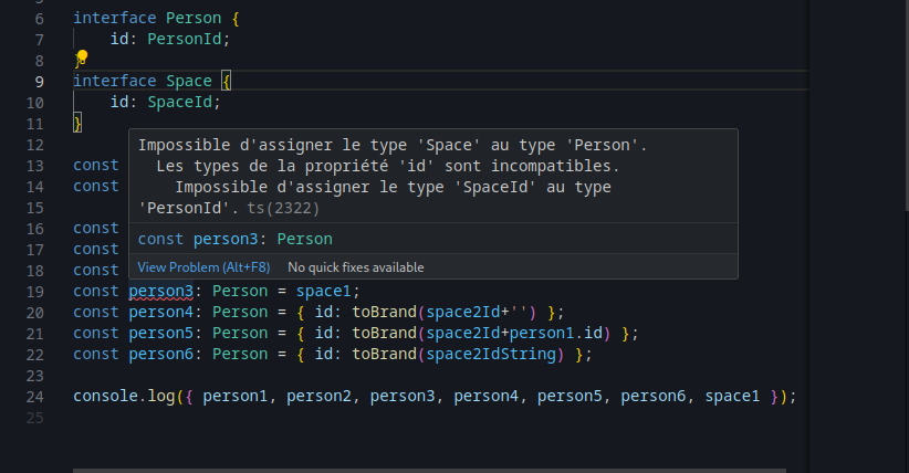 Screenshot du code et des erreurs dans Stackblitz
