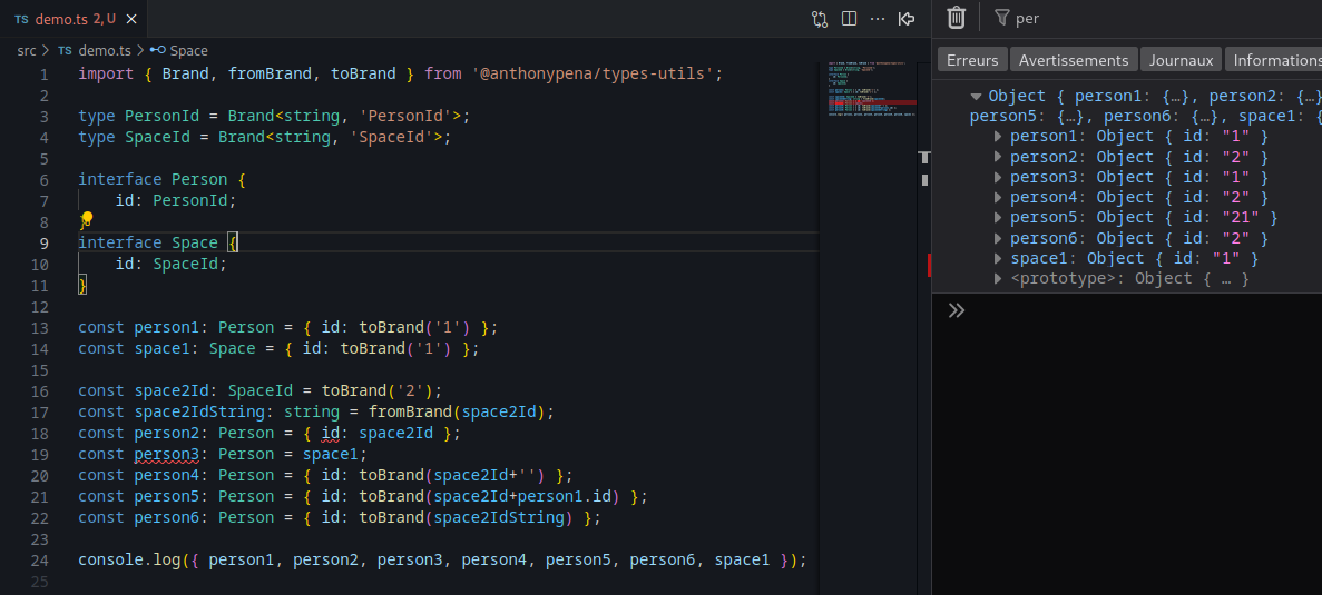 Screenshot du code et des erreurs dans Stackblitz