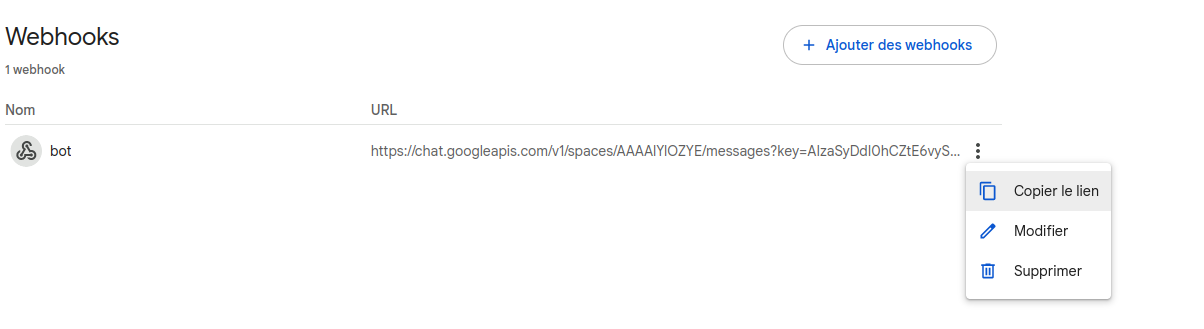 Configuration du webhook
