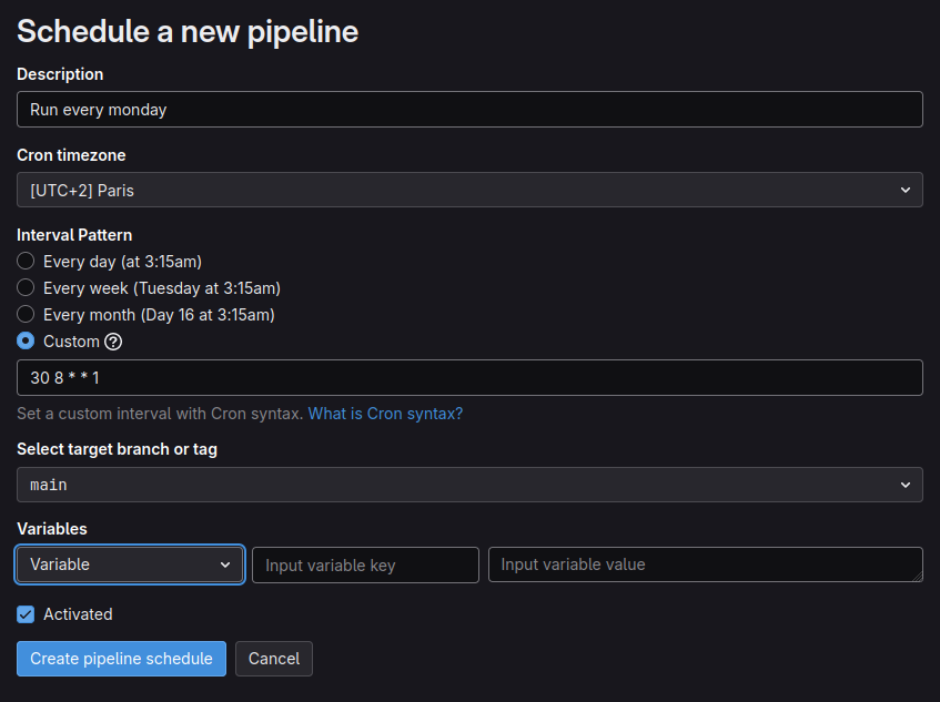 Configuration de la programmation d'exécution