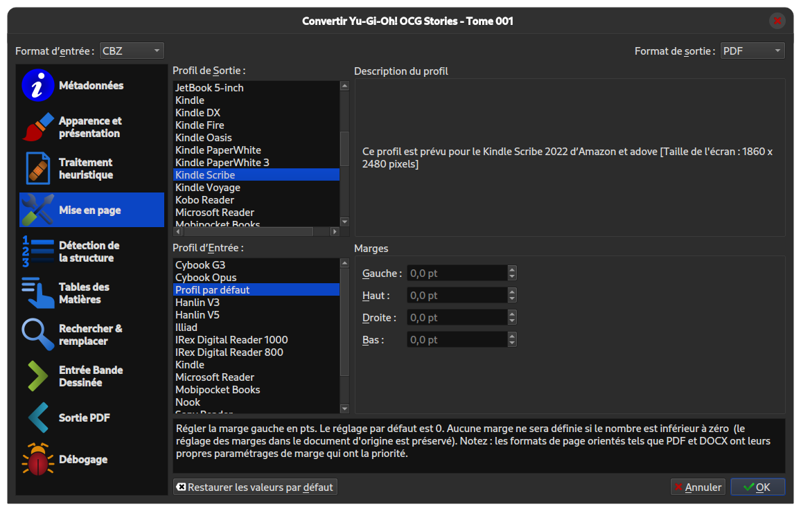 Vue du menu dans Calibre pour choisir la mise en page correcte