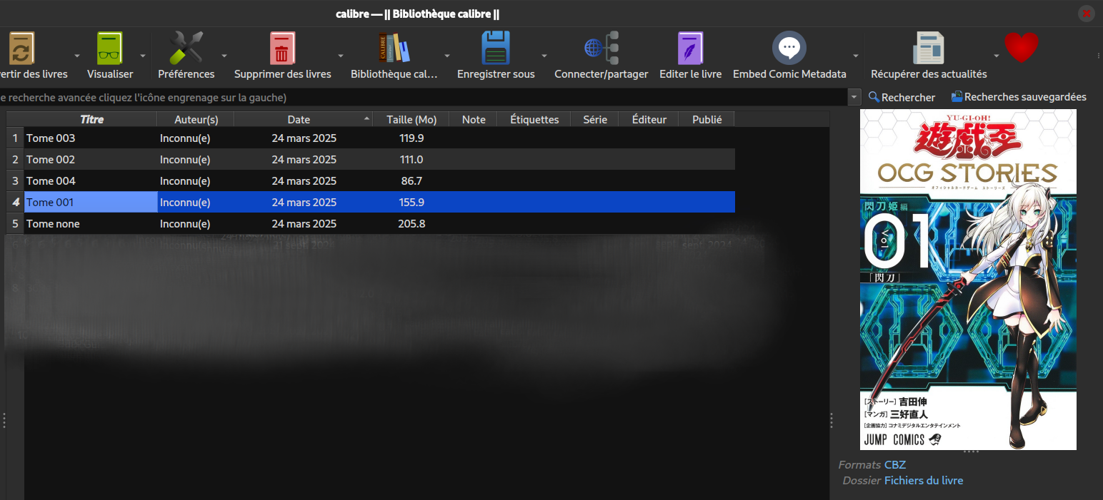 Vue des fichiers .cbz dans Calibre sans métadonnées