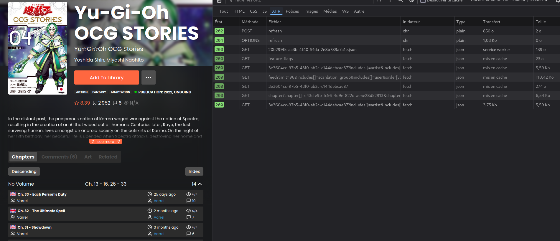 Capture d'écran du site avec la fiche de la série Yu-Gi-Oh! OCG Stories et les devtools montrant qu'il y a des appels API en json