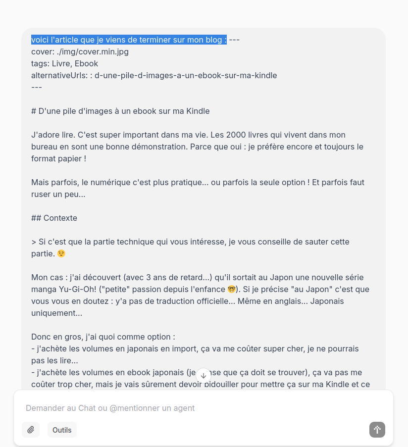 Déroulé de la conversation avec Le Chat pour générer une image de couverture et sa description
