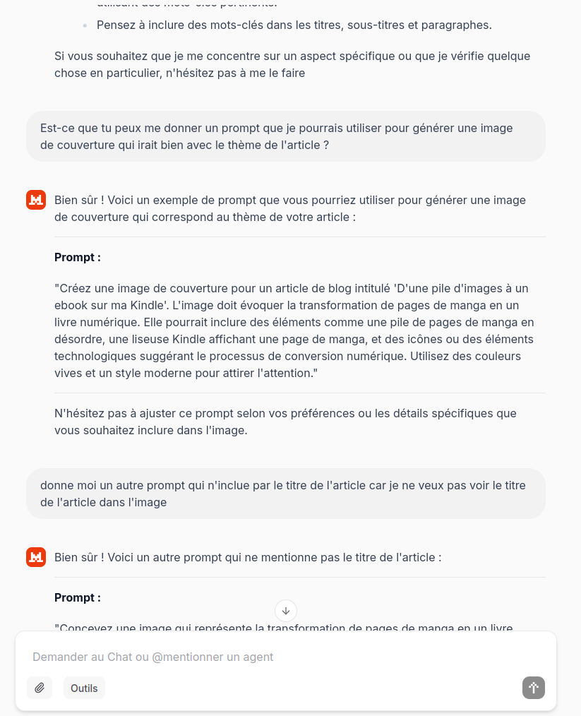 Déroulé de la conversation avec Le Chat pour générer une image de couverture et sa description