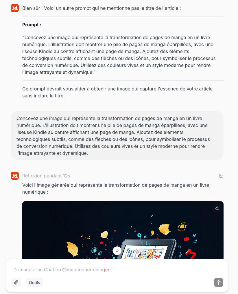 Déroulé de la conversation avec Le Chat pour générer une image de couverture et sa description