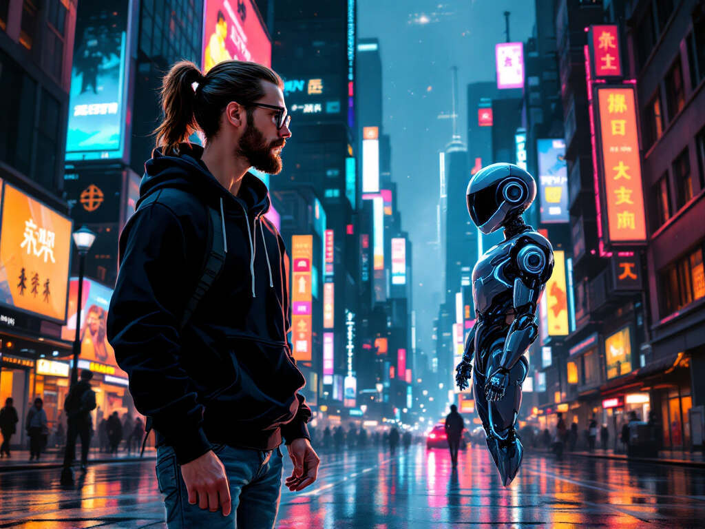 L'image représente une scène futuriste dans une ville animée et lumineuse. Au premier plan, un homme se tient sur le côté gauche. Il porte un sweat à capuche noir, un jean bleu et des lunettes. Ses cheveux sont attachés en queue de cheval. Il regarde vers la droite de l'image, où se trouve un robot humanoïde.

Le robot, positionné sur le côté droit, a une apparence moderne et sophistiquée, avec une structure métallique et des lumières bleues. Il semble être en interaction ou en observation de l'homme.

L'arrière-plan est une rue urbaine très animée, avec des bâtiments illuminés par des néons colorés, principalement en rouge, jaune et bleu. Les enseignes lumineuses affichent des caractères asiatiques, suggérant un cadre dans une ville asiatique. La rue est mouillée, reflétant les lumières vives, ce qui donne une atmosphère nocturne et légèrement pluvieuse.

L'ambiance générale de l'image est futuriste et technologique, évoquant un monde où les humains et les robots coexistent dans un environnement urbain vibrant.
