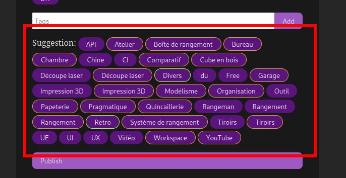 Vue des propositions de tags dans GoReadYourself