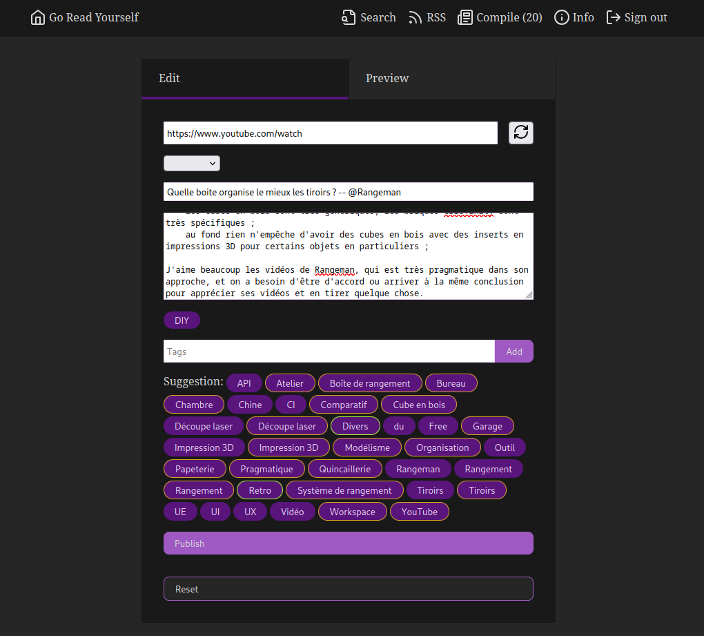 Vue des propositions de tags dans GoReadYourself