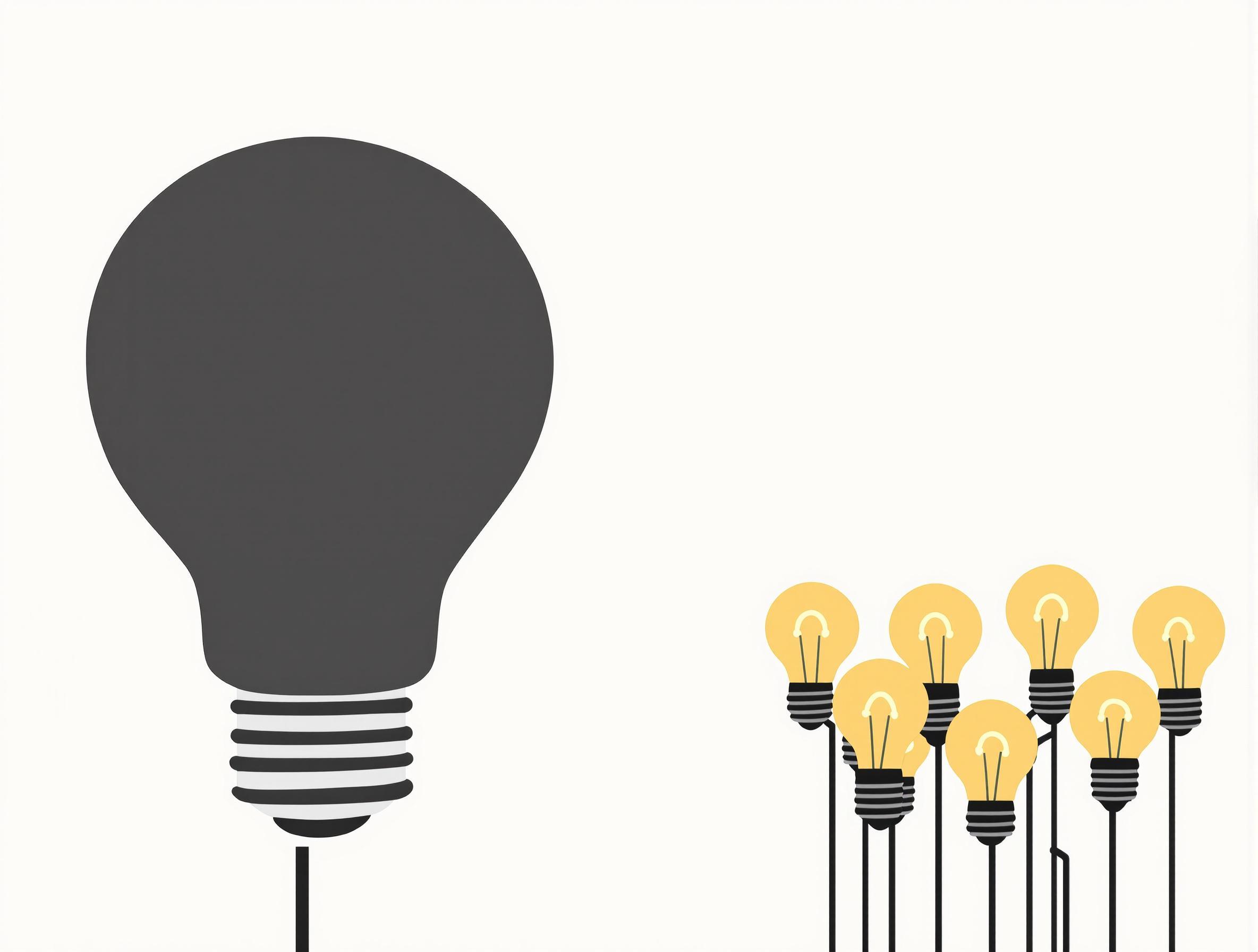 L'image représente une grande ampoule éteinte à gauche, avec un fond blanc. À droite, plusieurs petites ampoules allumées sont connectées entre elles par des fils, symbolisant la transmission d'idées ou d'énergie.