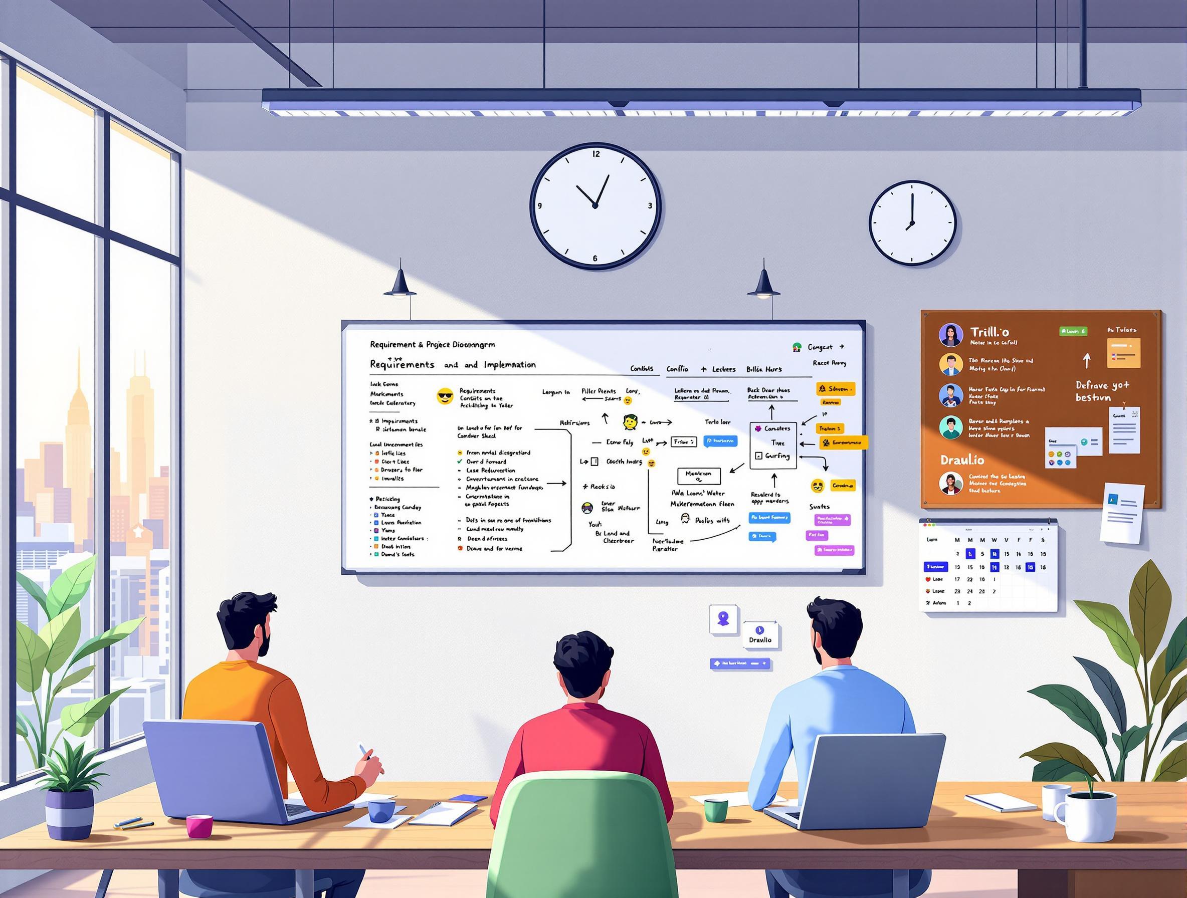 Trois collègues travaillent ensemble dans un bureau moderne et lumineux. Un grand écran affiche un tableau de projet, tandis qu'un tableau d'affichage avec des notes et des horloges murales complètent l'espace. La pièce est décorée de plantes, créant une ambiance professionnelle et collaborative.