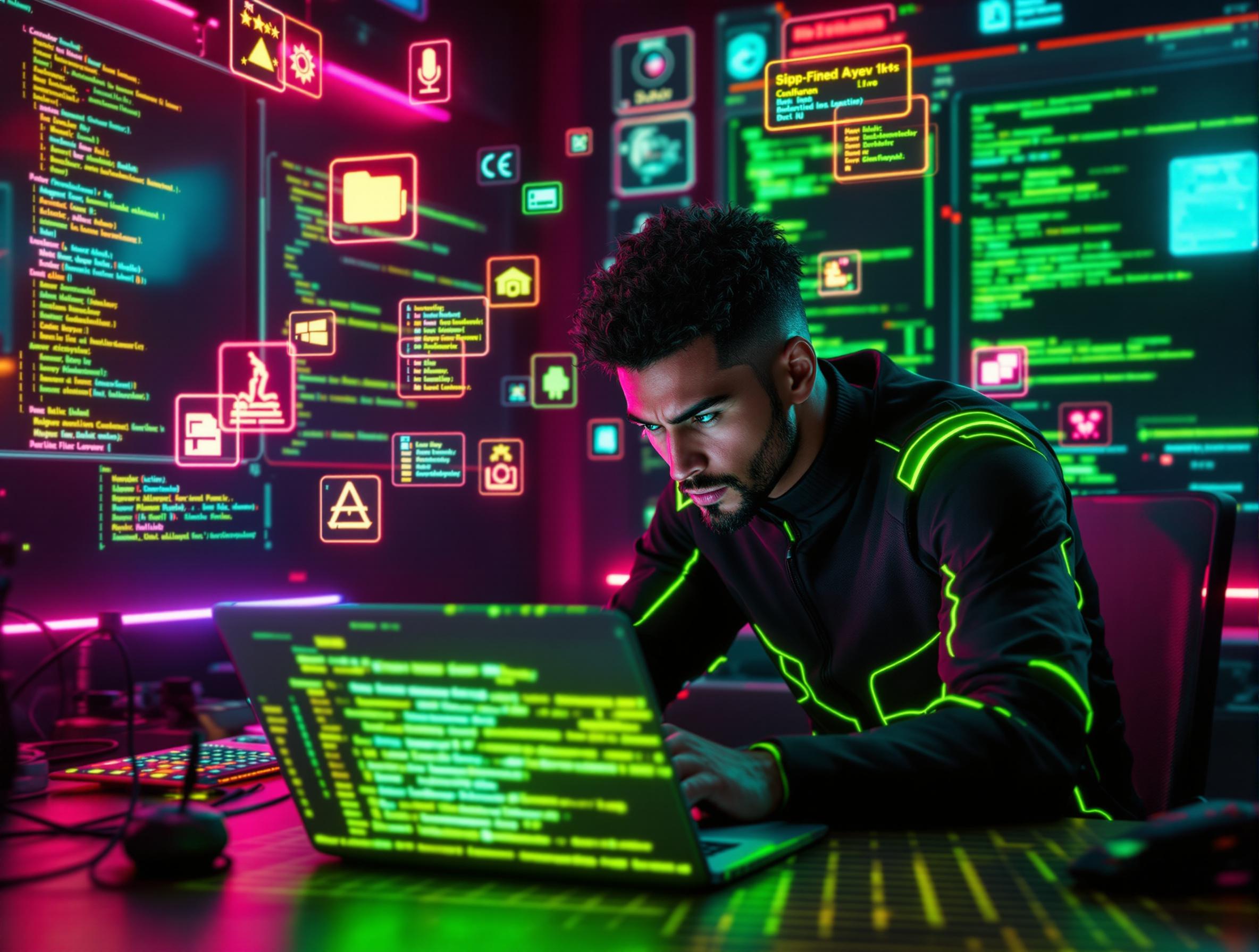 Un homme concentré, portant un sweat à capuche avec des lignes lumineuses vertes, est assis devant un ordinateur portable dans une pièce sombre et futuriste. L'écran de l'ordinateur affiche du code coloré, et derrière lui, plusieurs écrans géants montrent des interfaces complexes avec des icônes lumineuses et du texte codé. La pièce est éclairée par des néons colorés, créant une atmosphère high-tech et immersive, évoquant un environnement de programmation ou de hacking avancé.