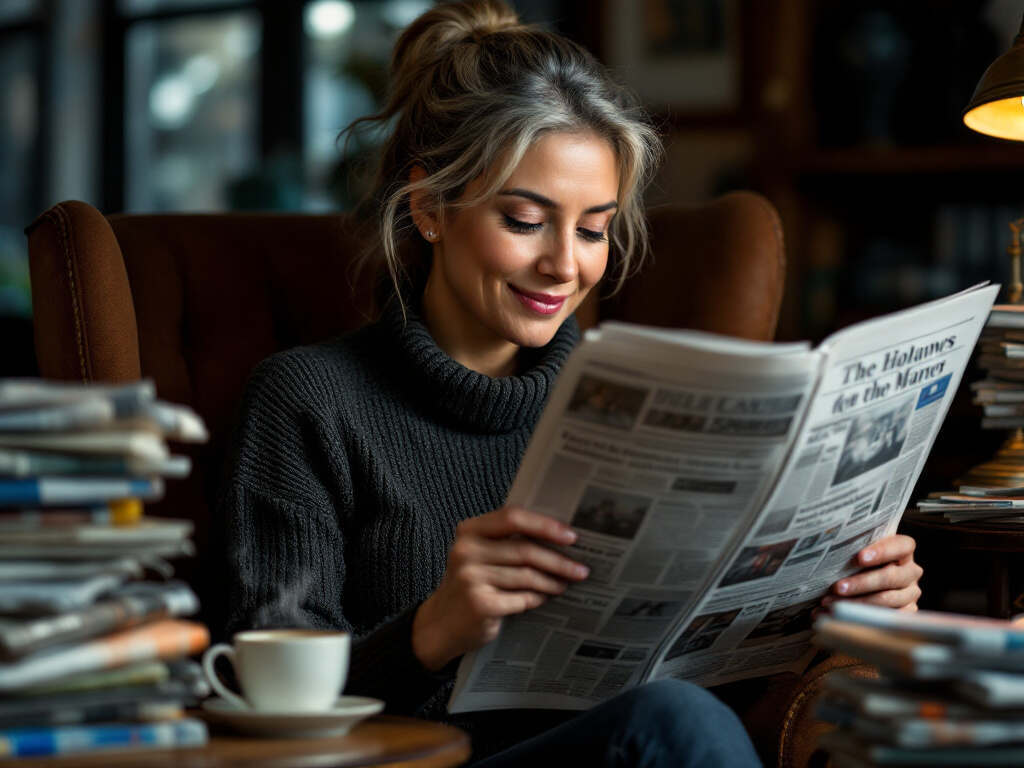Cette image représente une femme assise dans un cadre chaleureux, probablement un café ou une bibliothèque. Elle est absorbée par la lecture d'un journal grand ouvert qu'elle tient à deux mains. La femme porte un pull gris à col roulé et semble détendue, avec un léger sourire sur le visage. Ses cheveux blonds sont attachés en arrière, et elle porte des boucles d'oreilles discrètes.

À côté d'elle, sur une table en bois, se trouve une tasse de café fumante posée sur une soucoupe, suggérant une atmosphère de détente. En arrière-plan, on peut voir une pile de journaux et de magazines, indiquant un espace dédié à la lecture et à l'information. L'éclairage est doux, avec une lampe visible à l'arrière-plan, ajoutant à l'ambiance accueillante de la scène.
