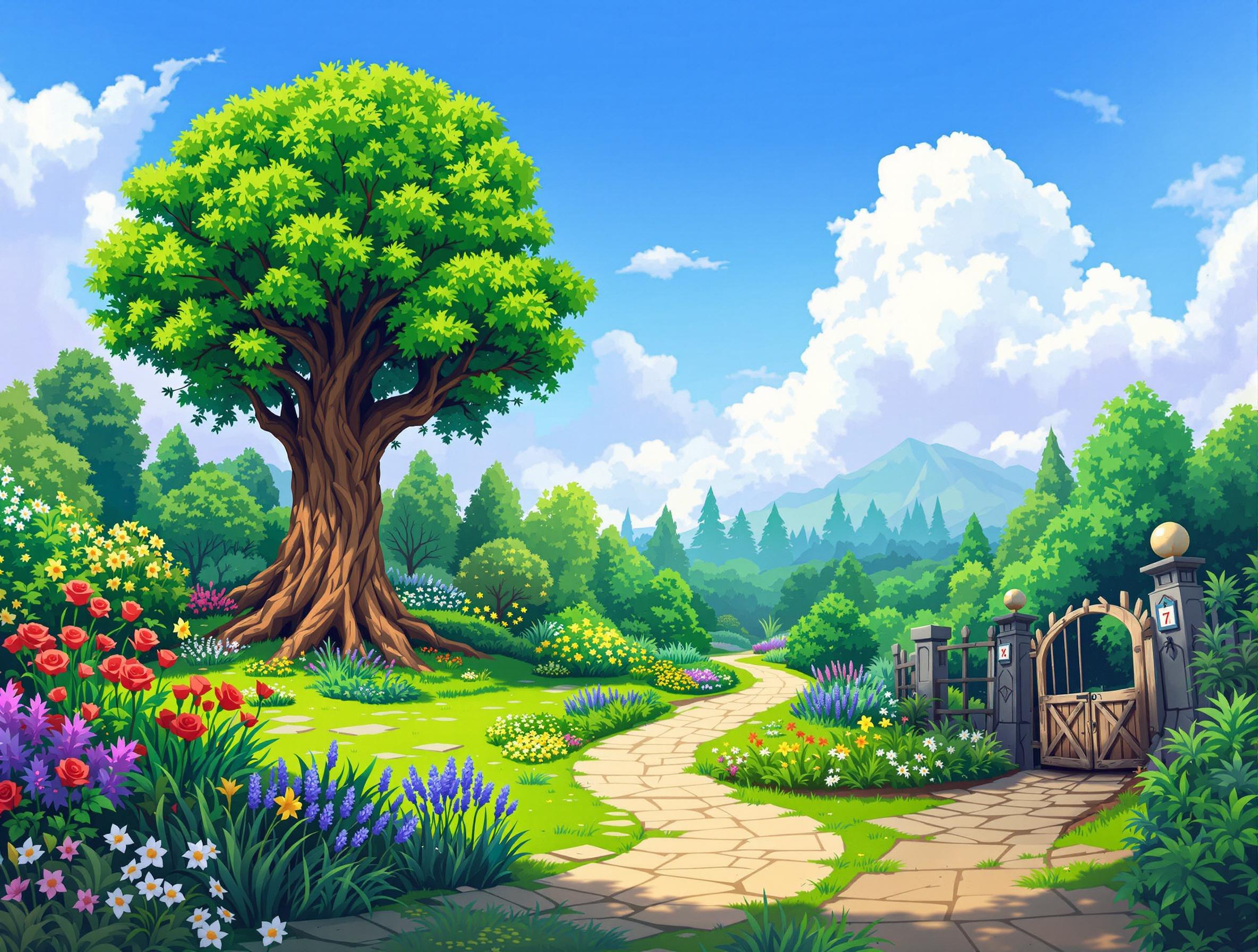 Cette image illustre un paysage idyllique et verdoyant. Au premier plan, un chemin en pierre sinueux serpente à travers un jardin luxuriant rempli de diverses fleurs colorées, notamment des roses rouges, des lavandes violettes, et des marguerites blanches. À gauche du chemin se trouve un grand arbre majestueux avec un feuillage dense et vert. À droite, une clôture en bois avec une porte ouverte mène à un espace extérieur, entouré de buissons et de plantes. En arrière-plan, des montagnes bleutées se dessinent sous un ciel clair avec quelques nuages blancs et moelleux. L'ensemble de la scène dégage une atmosphère paisible et enchantée, parfaite pour une escapade en pleine nature.
