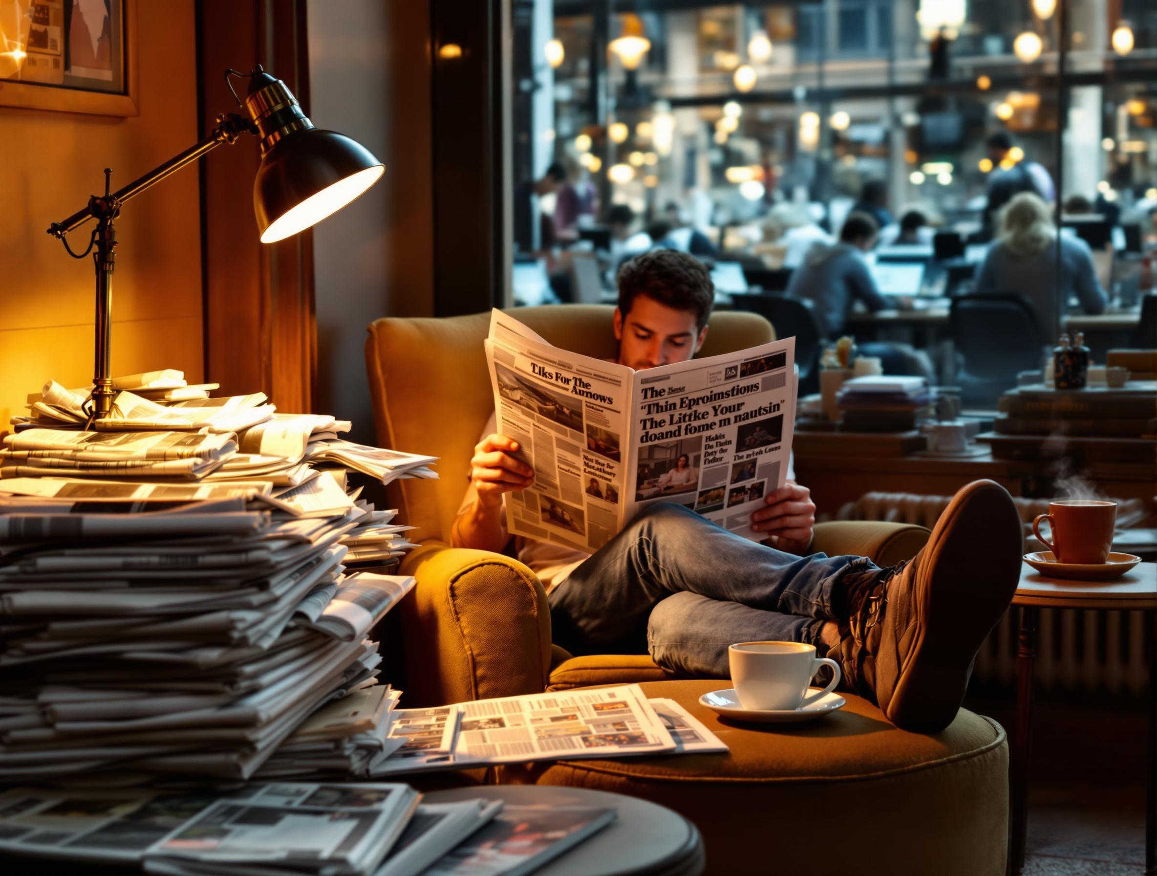 Cette image montre un homme assis confortablement dans un fauteuil dans ce qui semble être un café ou une bibliothèque. Il est en train de lire un journal, les pieds posés sur une table basse devant lui. À côté de lui, il y a une tasse de café. À gauche de l'image, il y a une pile de journaux bien empilée avec une lampe de bureau allumée au-dessus. L'arrière-plan montre une fenêtre donnant sur une rue animée avec des gens qui marchent et des tables occupées à l'intérieur du café. L'ambiance est chaleureuse et détendue, avec une lumière douce éclairant la scène.