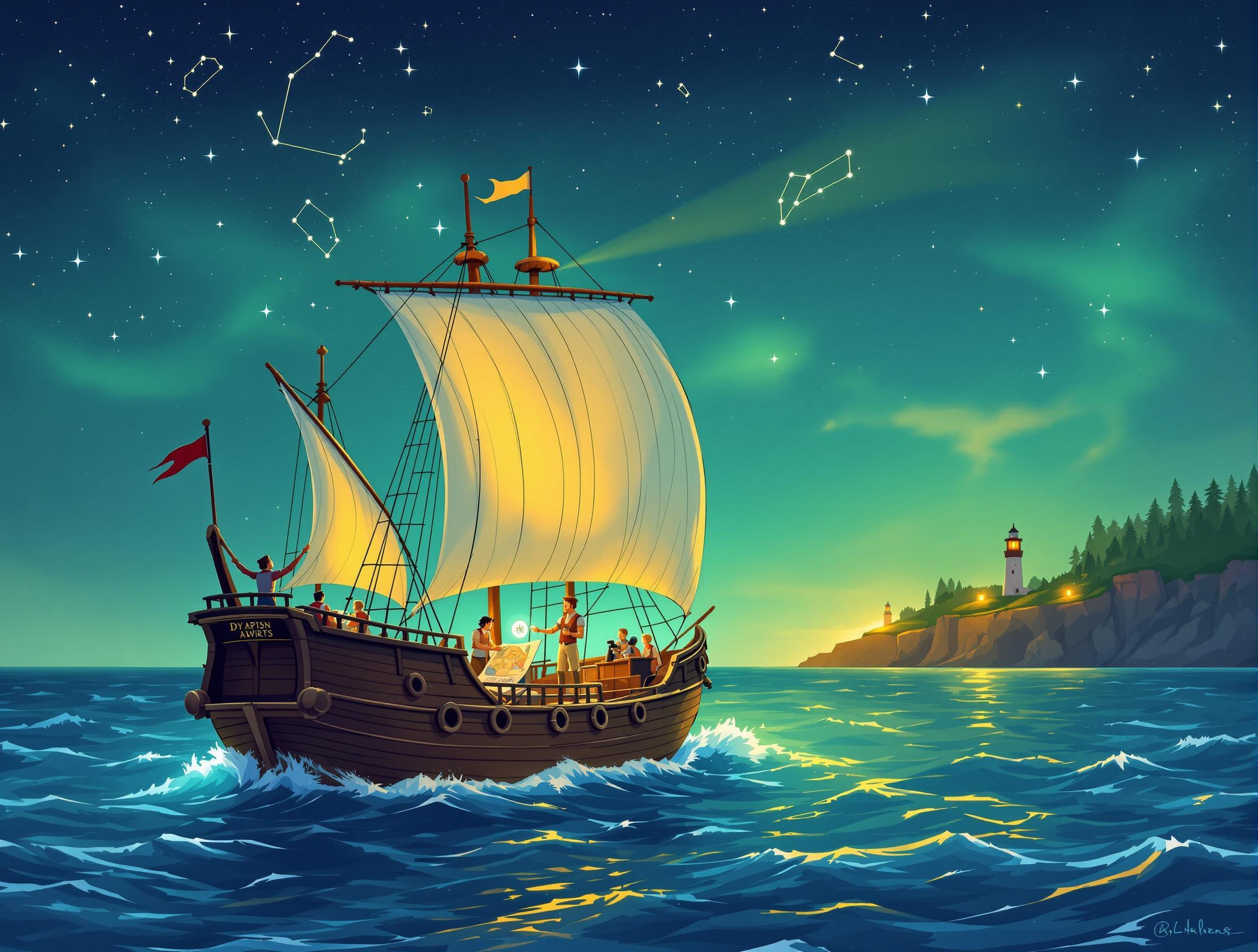 L'image montre un bateau à voile navigant sur une mer agitée sous un ciel nocturne étoilé. Le bateau, avec ses voiles gonflées par le vent, semble être un navire historique, peut-être un voilier du 17ème ou 18ème siècle. Plusieurs personnes sont visibles à bord, certaines tenant des cordes et d'autres discutant près de la poupe. Un phare est visible à l'arrière-plan, situé sur une falaise rocheuse avec des arbres, éclairant la scène avec sa lumière. Une étoile filante traverse le ciel, ajoutant une touche magique à la scène. Les couleurs sont vives, avec des tons bleus et verts dominants, reflétant la mer et le ciel nocturne.