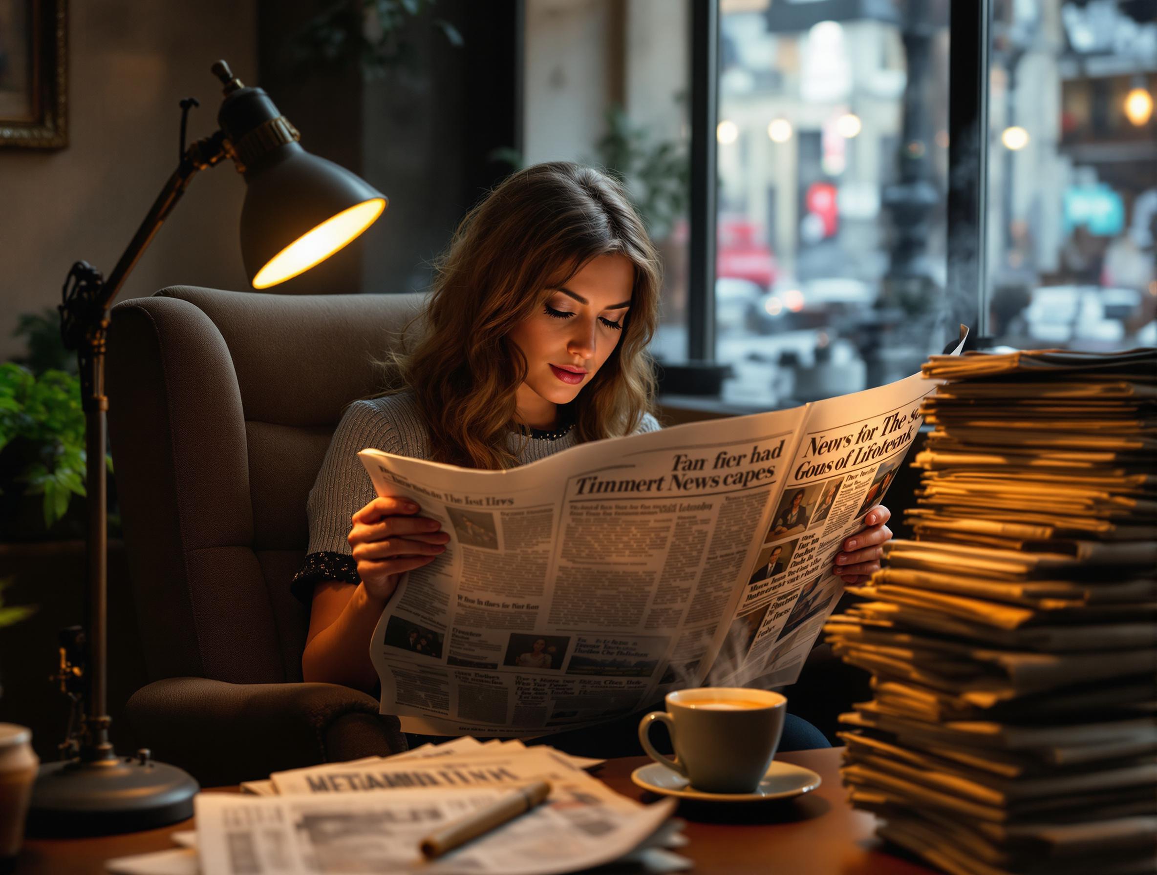 Une femme est assise confortablement dans un fauteuil, lisant un journal. Elle est dans un café ou un espace détente, avec une tasse de café posée sur une table à côté d'elle. À sa droite, il y a une pile de journaux soigneusement empilés. L'ambiance est chaleureuse, éclairée par une lampe de bureau à gauche, et on peut voir une fenêtre en arrière-plan laissant entrevoir une rue animée. La scène dégage une atmosphère paisible et studieuse.