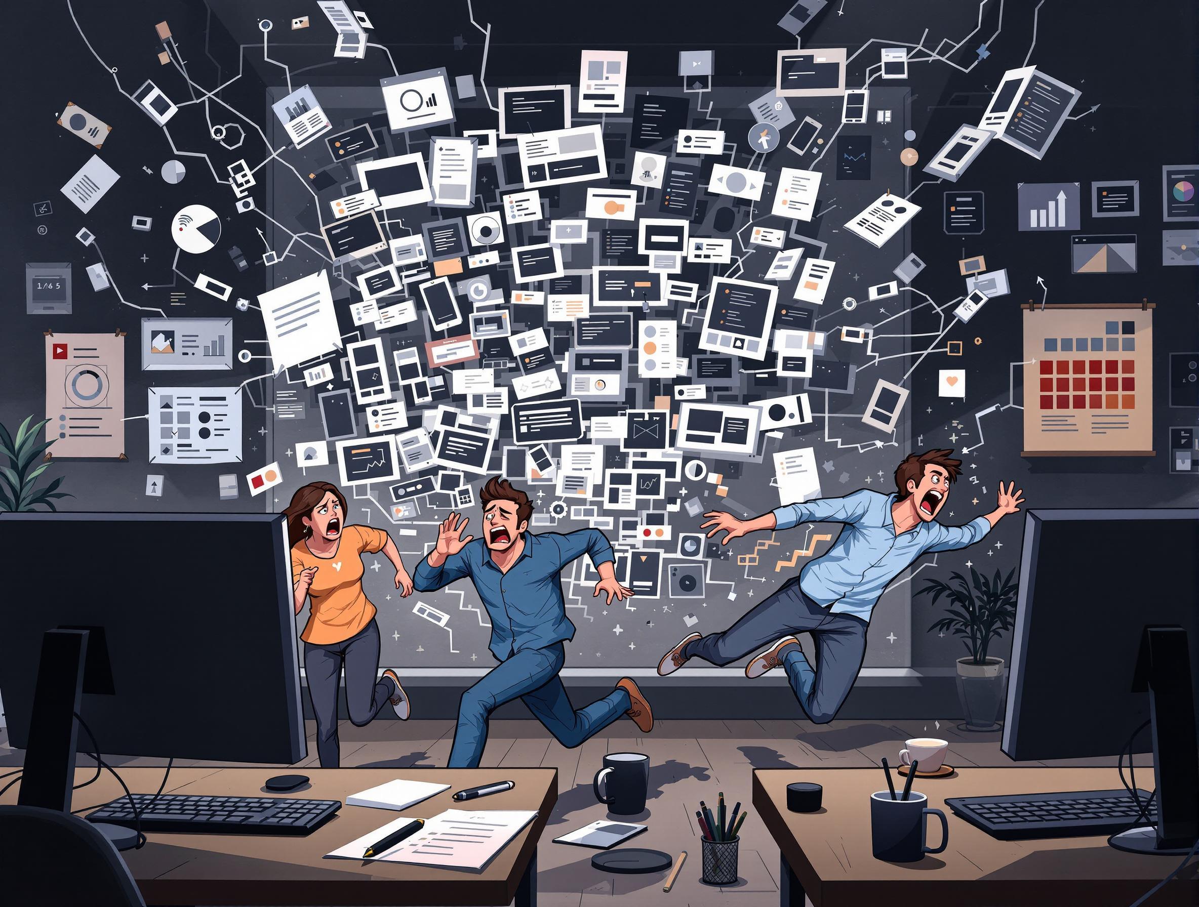 L'image montre une scène chaotique dans un bureau où deux personnes semblent être submergées par une avalanche de documents et d'icônes numériques. Les papiers et les fichiers numériques volent dans tous les sens, créant une atmosphère de désordre et de surcharge d'informations. Les deux individus, un homme et une femme, semblent paniqués et tentent de s'échapper de cette marée de données. Le bureau est équipé de plusieurs écrans d'ordinateur et est jonché de divers objets de bureau comme des tasses, des stylos et des feuilles de papier. L'image illustre de manière humoristique et exagérée le stress et la surcharge de travail dans un environnement de bureau moderne.