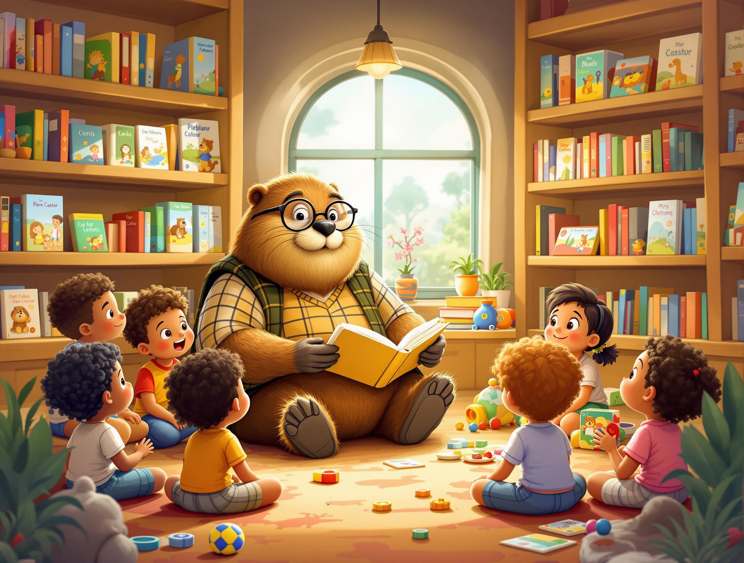Un ours anthropomorphique portant des lunettes et un pull à carreaux est assis au centre, lisant un livre à un groupe de cinq enfants attentifs. Les enfants sont assis en cercle autour de l'ours, dans une bibliothèque remplie d'étagères de livres colorés. La pièce est bien éclairée par une grande fenêtre en arrière-plan, et des jouets sont éparpillés sur le sol. L'atmosphère est chaleureuse et accueillante, favorisant un moment de lecture et d'apprentissage.