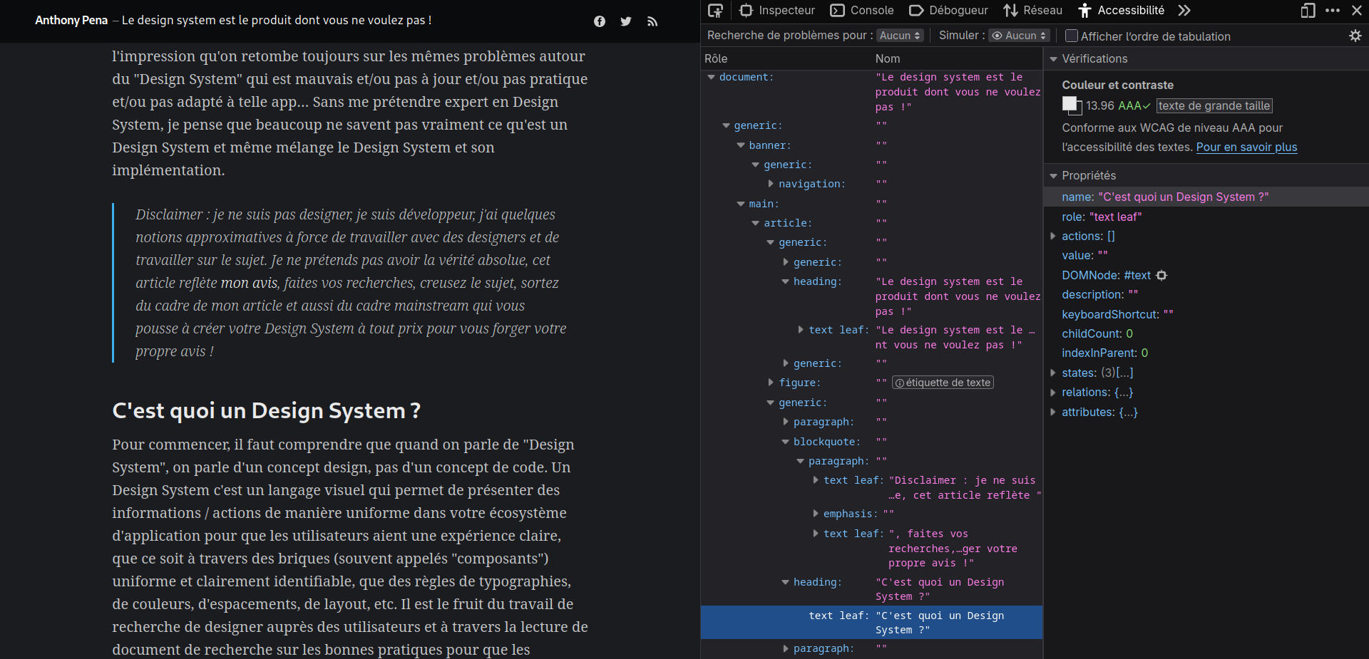 Vue de l'arbre d'accessibilité d'une page web via des Devtools du navigateur