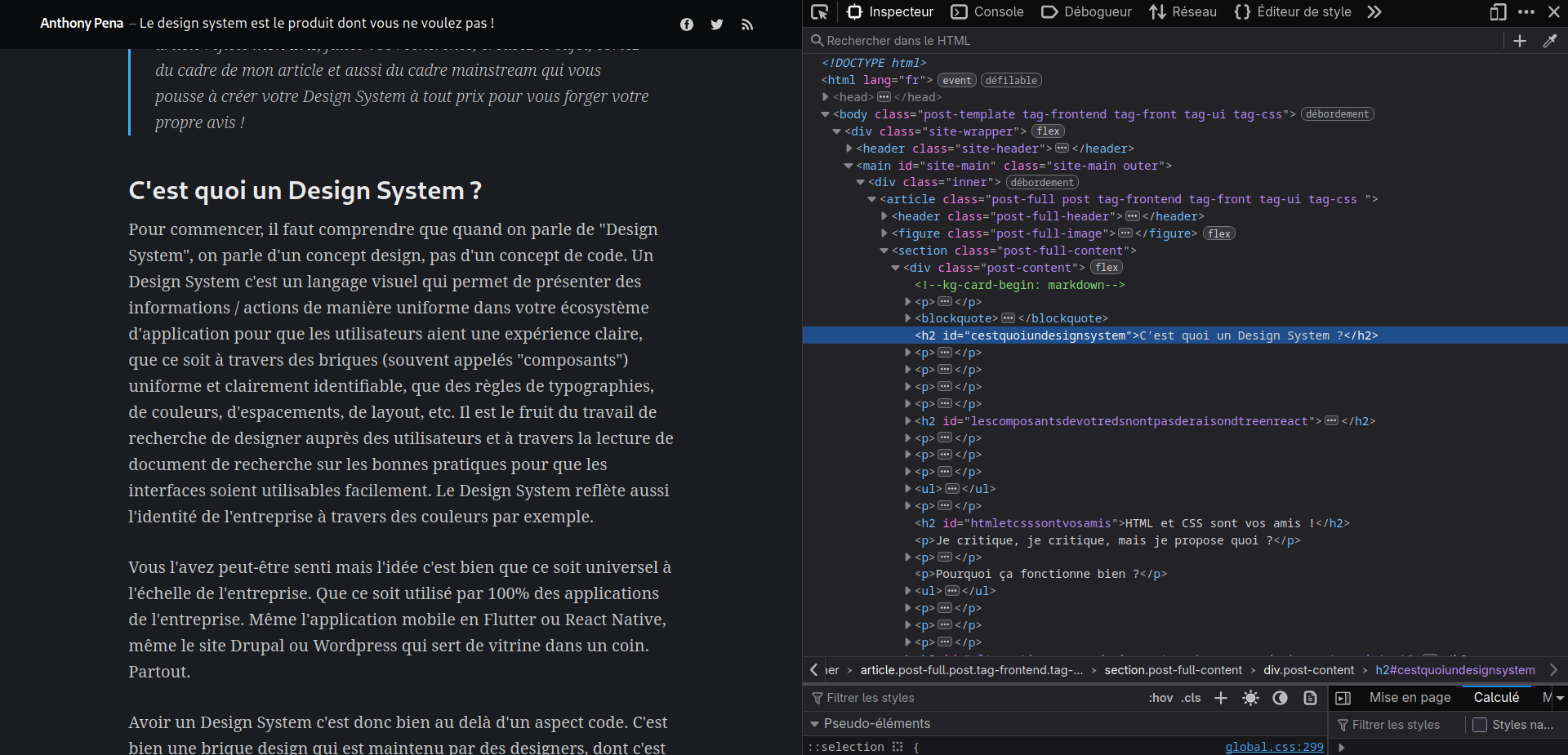 Vue du DOM d'une page web via des Devtools du navigateur