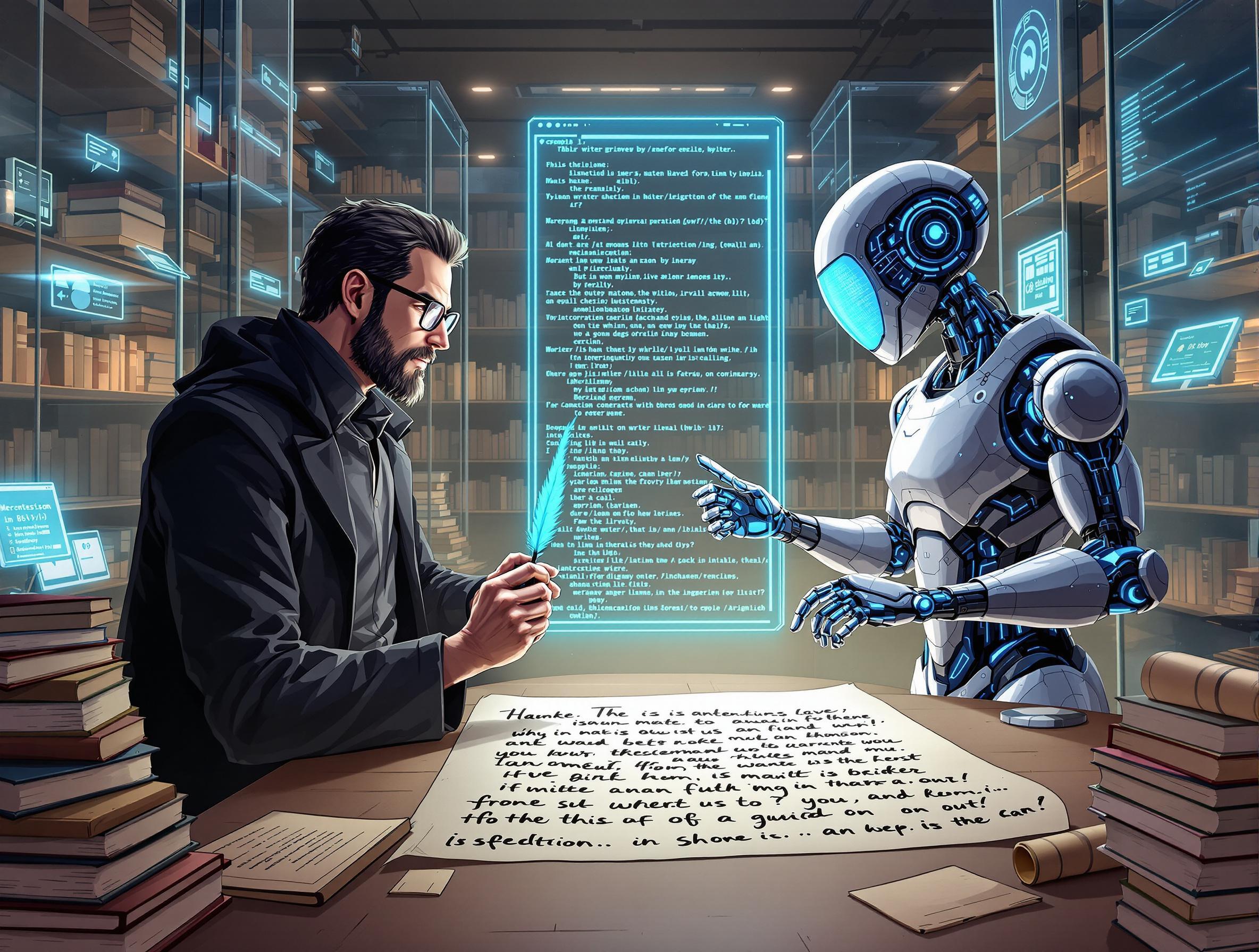 Un homme assis à un bureau en désordre, entouré de piles de livres, tient une plume et semble écrire sur un parchemin. Face à lui, un robot humanoïde avec des yeux lumineux pointe du doigt vers le texte que l'homme est en train d'écrire. Derrière eux, un écran holographique affiche du texte et des symboles, ajoutant une ambiance futuriste à la scène. L'image évoque une fusion entre le passé et le futur, entre l'écriture traditionnelle et la technologie moderne.