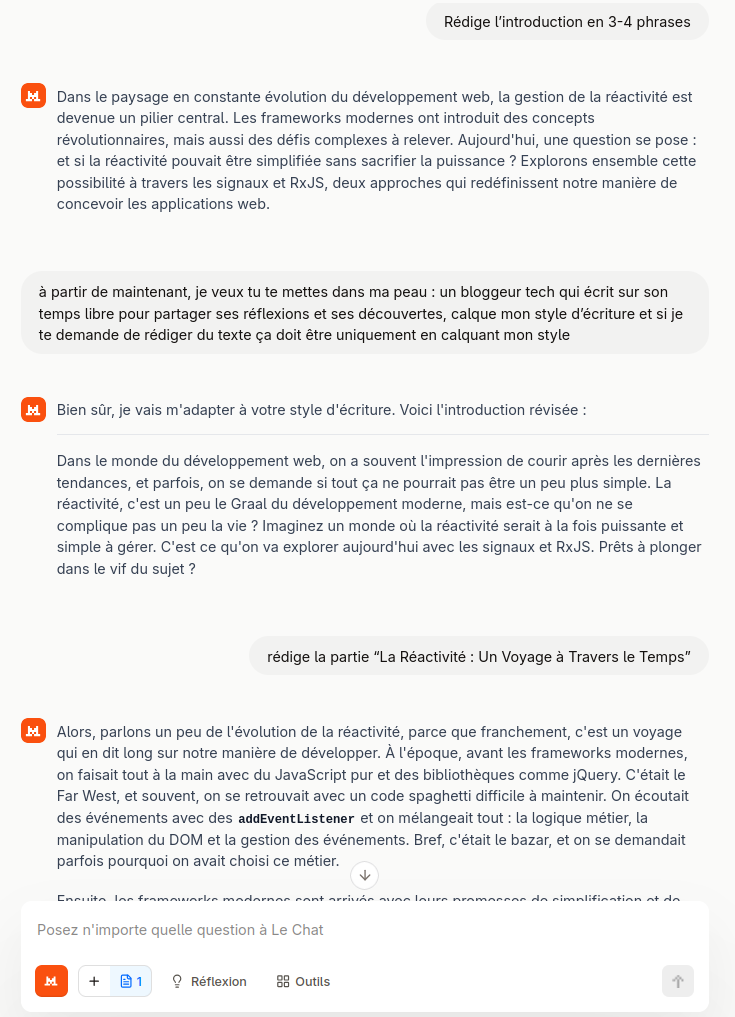 Capture d'écran de Mistral pour la génération de l'article