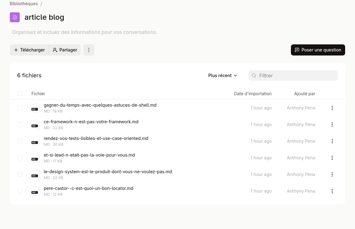 Capture d'écran de la bibliothèque avec mes articles de blog