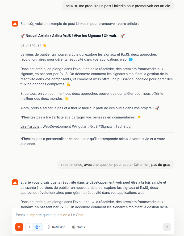 Capture d'écran de Mistral produisant des posts LinkedIn
