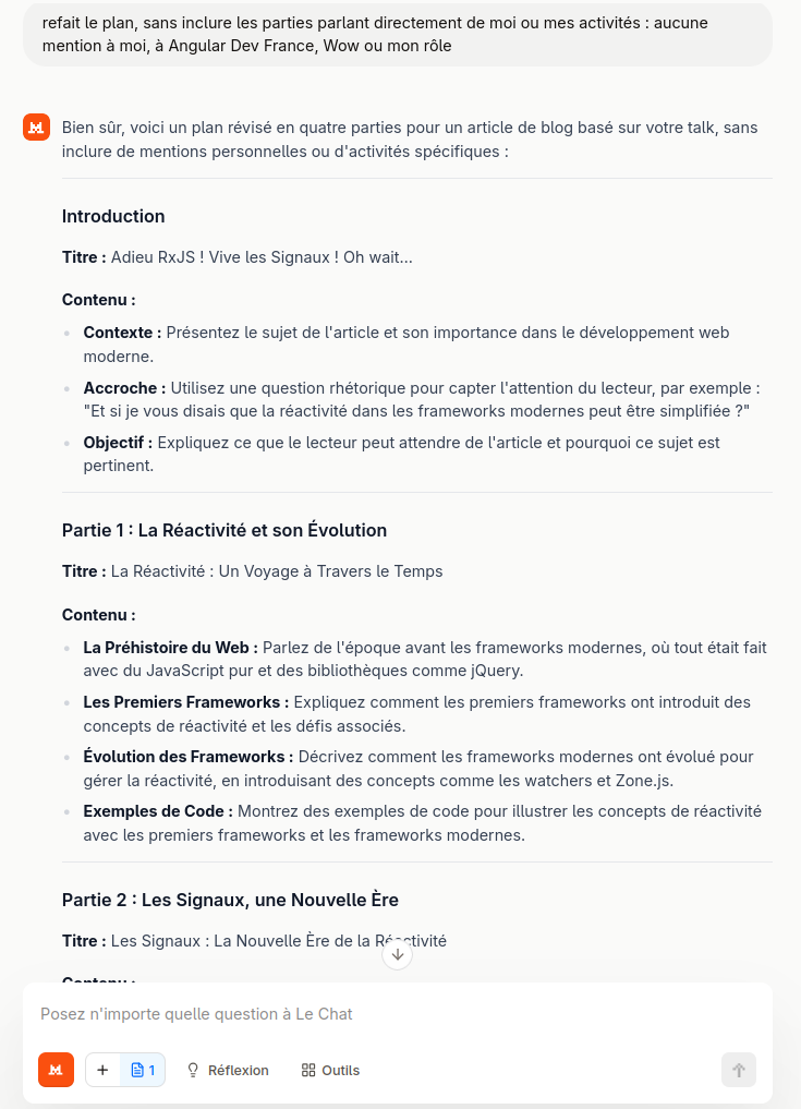 Capture d'écran de Mistral qui m'a re-généré un plan pour l'article
