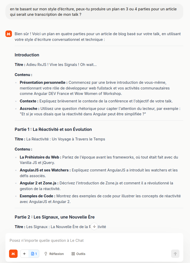 Capture d'écran de Mistral qui m'a généré un plan pour l'article