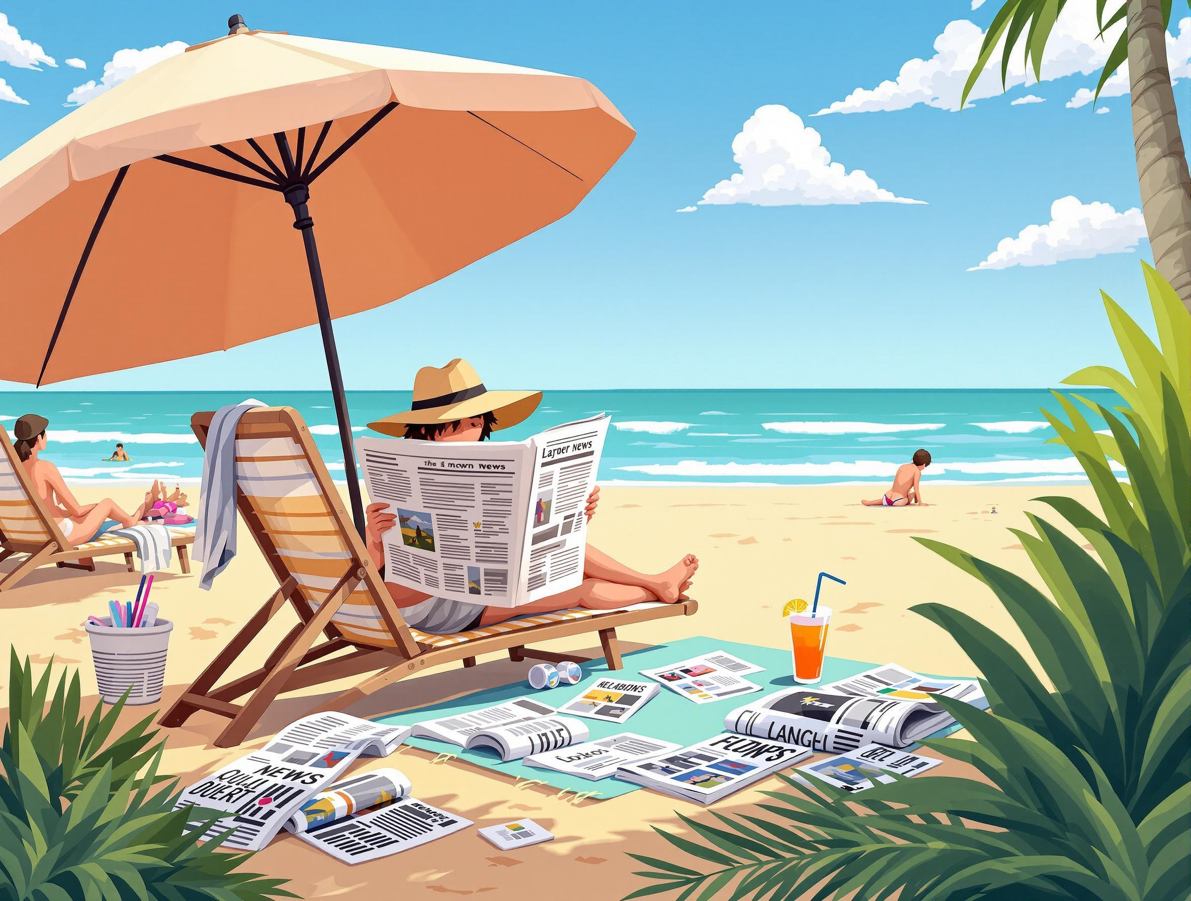 Cette image illustre une scène de plage ensoleillée et paisible. Au premier plan, une personne est assise sur une chaise longue sous un grand parasol beige, lisant un journal. Elle porte un chapeau de paille et des lunettes de soleil. Autour d'elle, plusieurs journaux sont éparpillés sur le sable.

À gauche, une autre personne est allongée sur une chaise longue, profitant du soleil. Plus loin, près de l'eau, quelques personnes jouent ou se détendent sur le sable. La mer est calme avec de petites vagues, et le ciel est bleu avec quelques nuages blancs. Des plantes tropicales et un palmier sont visibles à droite de l'image, ajoutant à l'ambiance exotique de la scène. Un verre de boisson fraîche avec une paille et une tranche de citron est posé sur le sable près des journaux.
