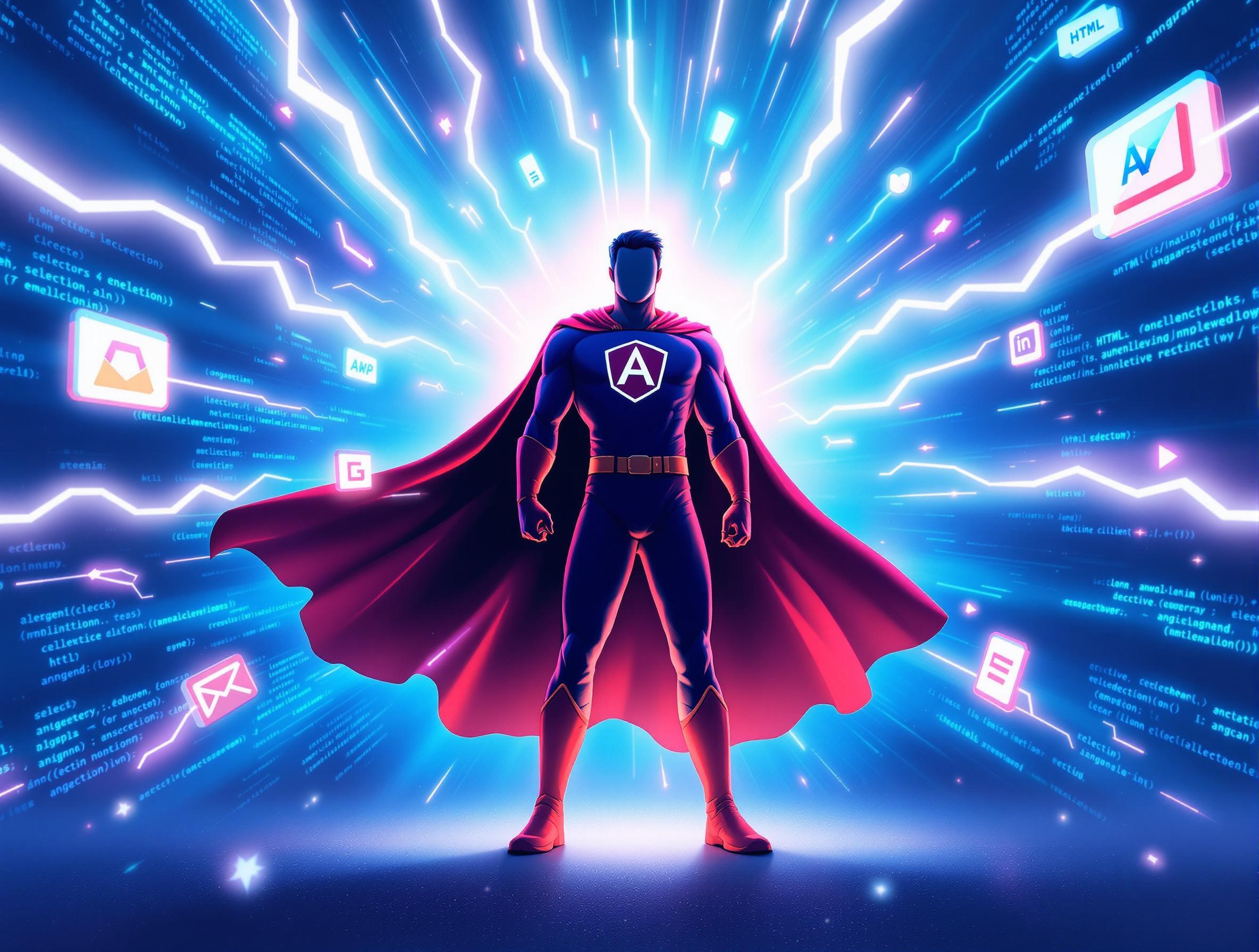 L'image montre une figure héroïque en costume de super-héros, debout au centre avec une cape rouge flottant derrière elle. Le costume est principalement bleu avec un grand symbole 