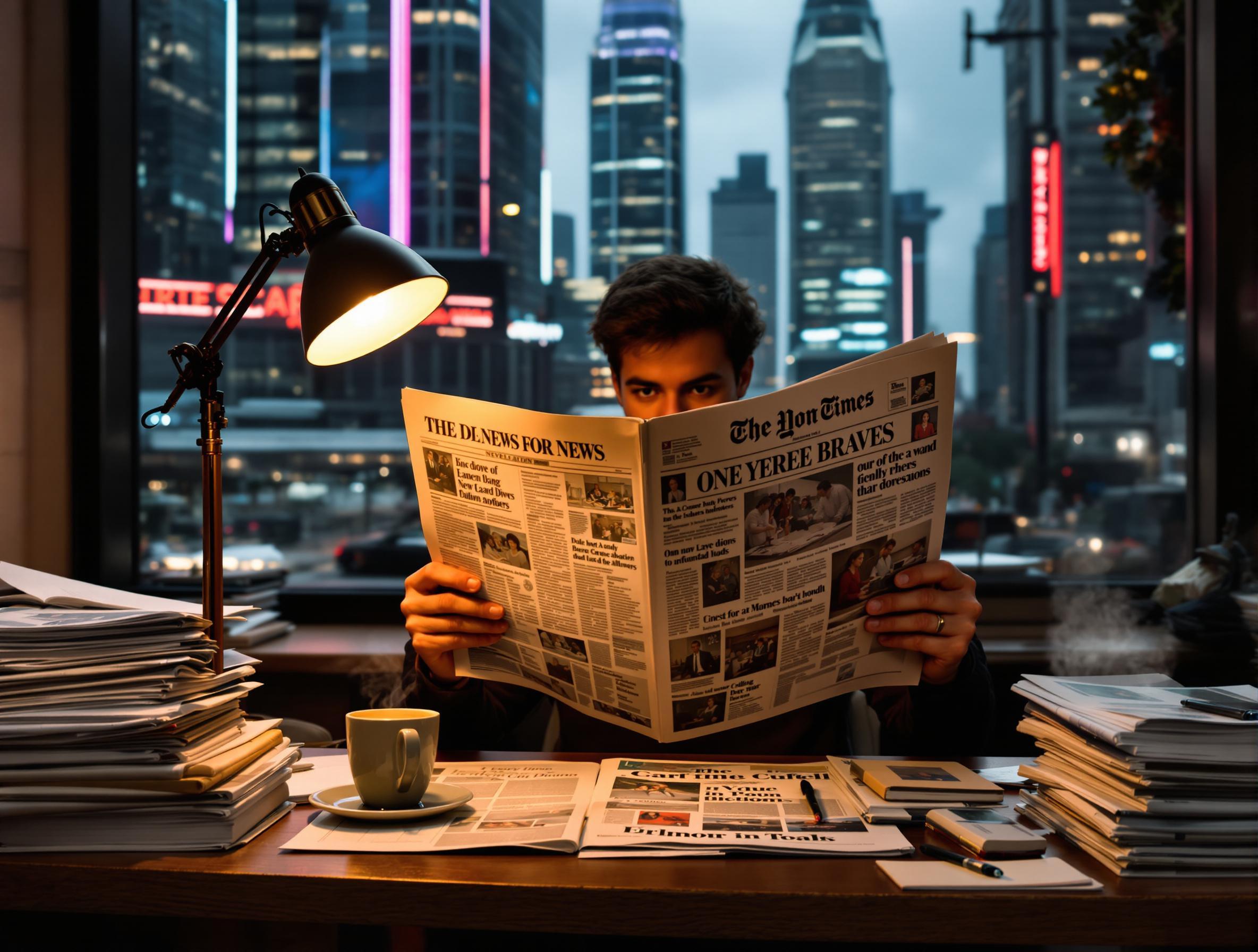 Une personne assise à un bureau en train de lire un journal. Le bureau est encombré de piles de documents, de journaux et de carnets. Une tasse de café et une lampe de bureau allumée sont posées sur le bureau. En arrière-plan, une vue nocturne sur une ville moderne avec des gratte-ciels illuminés est visible à travers une grande fenêtre.