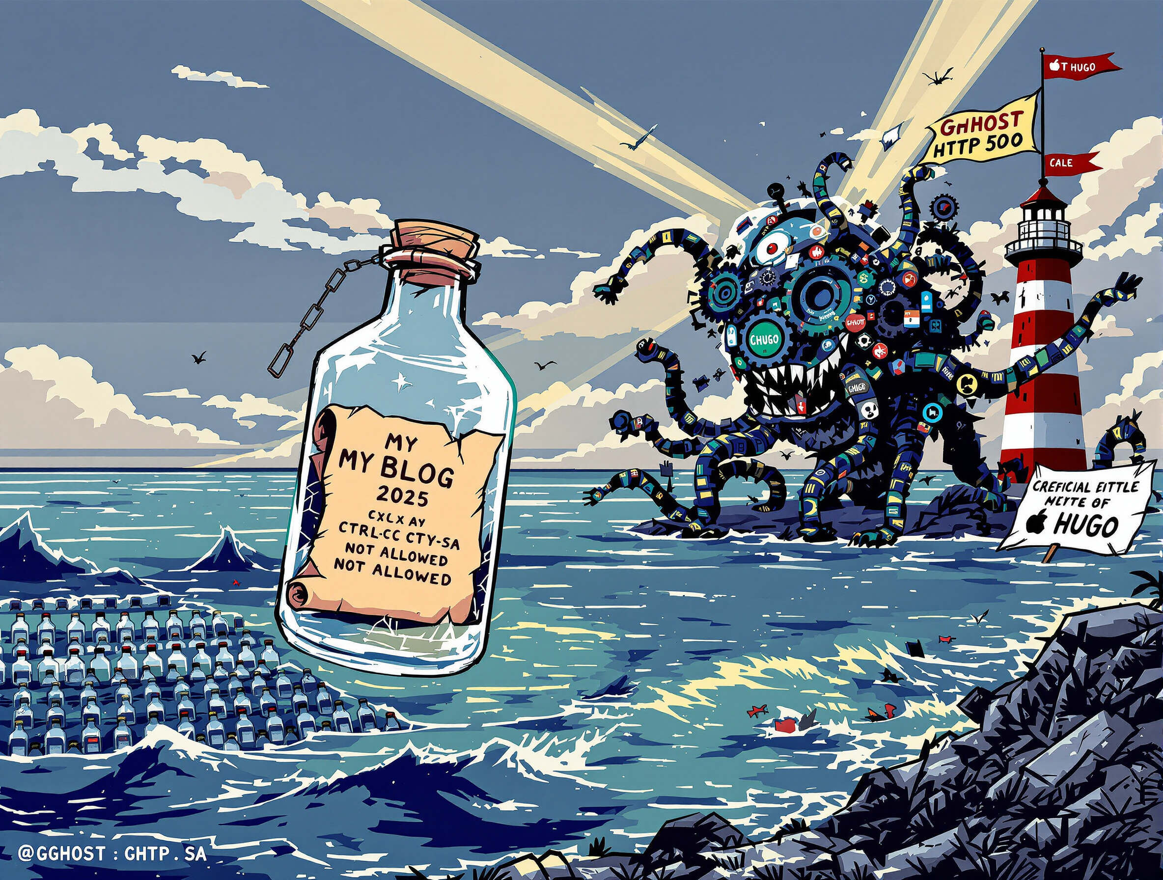 Illustration d'une bouteille à la mer étiquetée 'MY BLOG 2025' flottant sur un océan rempli de bouteilles identiques. La bouteille contient un parchemin avec les mentions 'CTRL+C CTRL+V NOT ALLOWED' et une licence Creative Commons. À droite, un monstre mécanique aux tentacules, composé de logos de réseaux sociaux et de plateformes (comme Hugo, Ghost, etc.), émerge d'une île rocheuse près d'un phare rouge et blanc. Le monstre tient une bannière 'HTTP 500'. En arrière-plan, un ciel nuageux et des montagnes de glace. L'image symbolise les défis de la publication en ligne face aux géants du web. Style cartoon coloré et métaphorique.