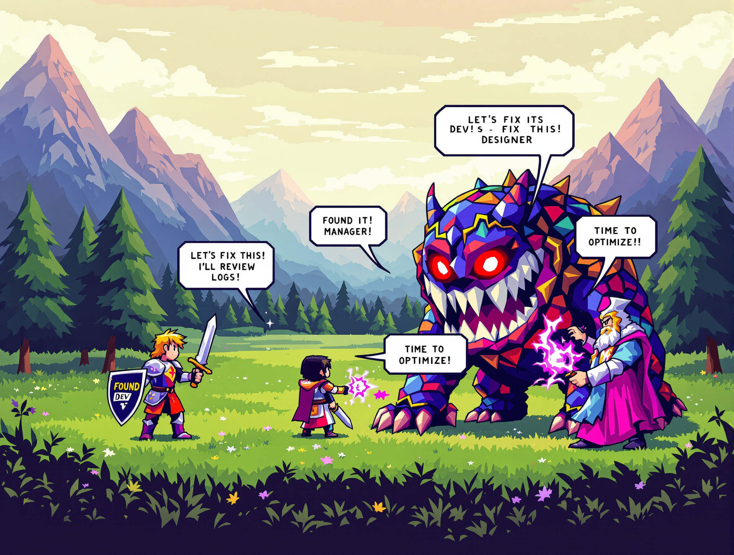 Une équipe de quatre personnages inspirés des jeux rétro affronte un monstre coloré symbolisant un 