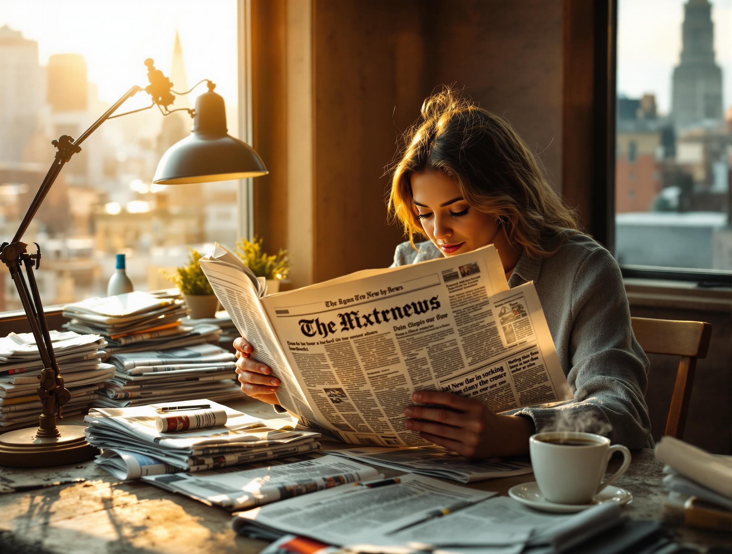 Une personne est absorbée par la lecture d'un journal imprimé intitulé The Mixtnews, assise à un bureau en bois encombré. La scène est baignée d'une lumière dorée et chaleureuse provenant d'une lampe de bureau vintage, créant une ambiance cosy. Des piles de journaux et de magazines entourent le lecteur, et une tasse de café fumant est posée à proximité. En arrière-plan, une grande fenêtre offre une vue sur une ligne d'horizon urbaine, évoquant un cadre citadin animé. L'image met en avant l'expérience tactile de la lecture d'un journal, avec des pages froissées, et souligne l'immersion dans l'acte de s'informer. L'atmosphère allie l'intimité d'un espace personnel et l'énergie dynamique d'une ville en mouvement.