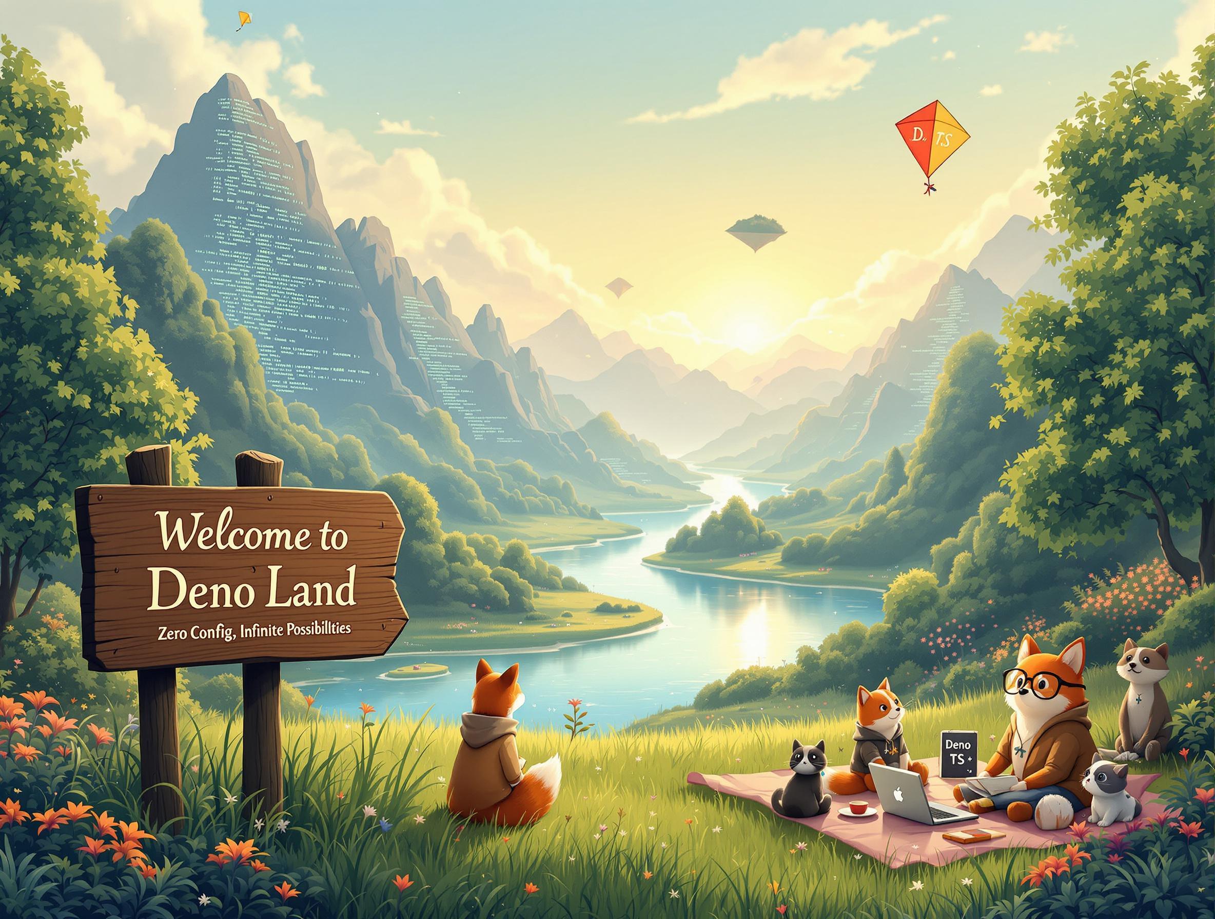 Illustration de Deno Land : une vallée magique où des animaux anthropomorphes codent près d’une rivière, avec un panneau 'Welcome to Deno Land – Zero Config, Infinite Possibilities' et des montagnes en forme de fichiers TypeScript.
