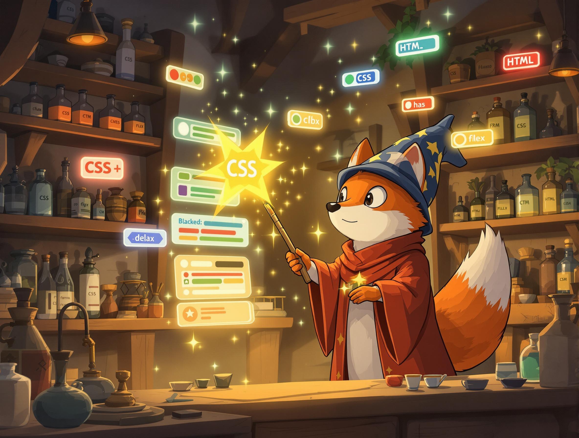 Un renard magicien, inspiré par Studio Ghibli, utilise une baguette en forme d’accolade CSS pour animer un menu interactif composé de boutons radio et de sections colorées, dans un atelier rempli de fioles étiquetées avec des propriétés CSS.