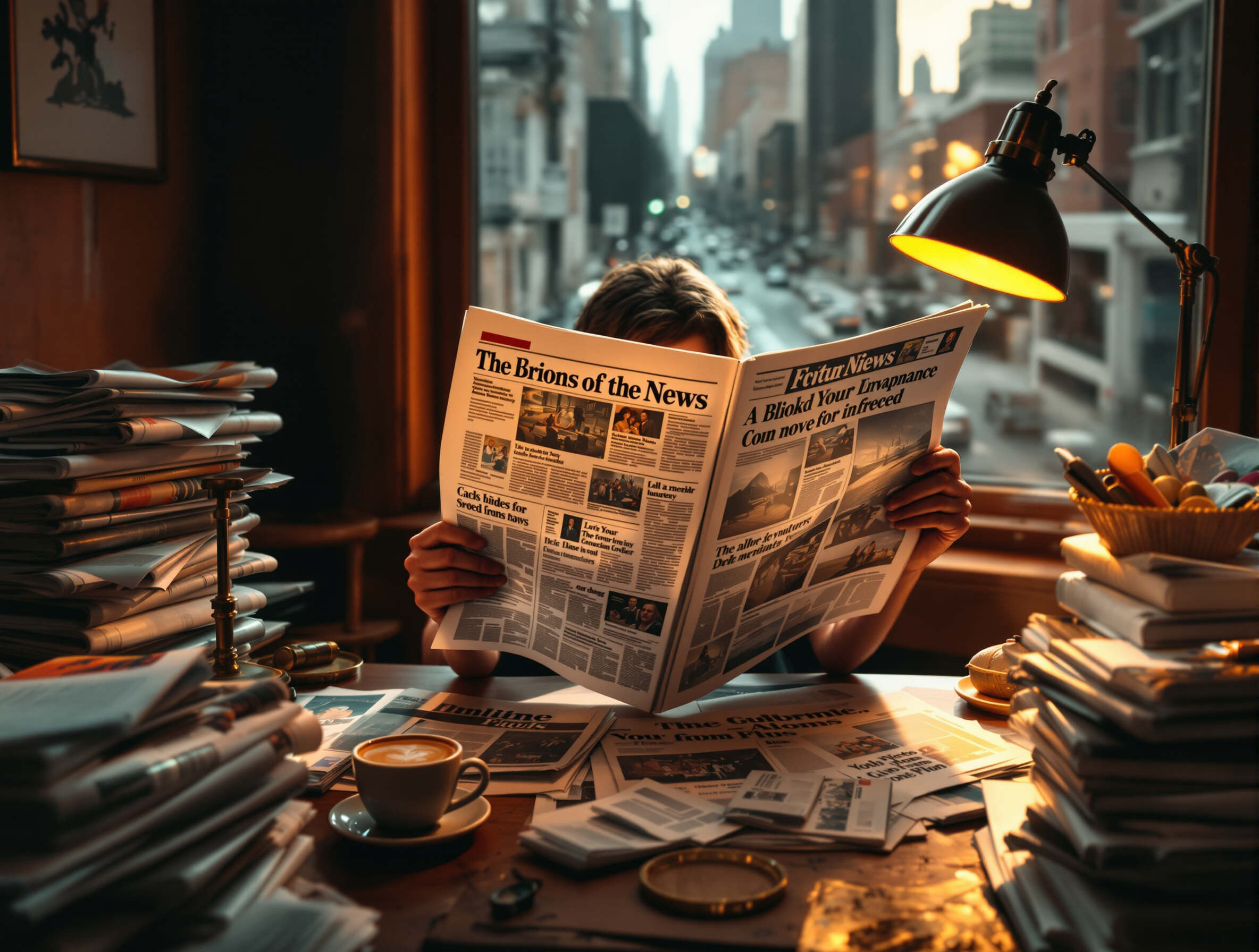 Une personne lit un journal à une table encombrée de piles de journaux, avec une tasse de café et une lampe allumée, devant une fenêtre donnant sur une rue urbaine.