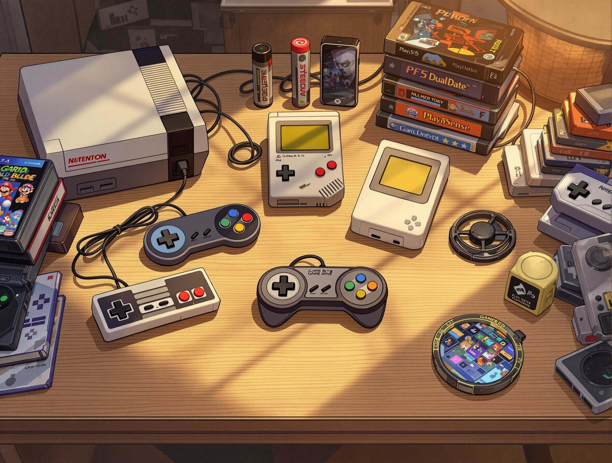 Collection nostalgique de gaming avec NES, Game Boy, PS1, Playdate, PS5 et smartphone sur une table en bois, dans une ambiance chaleureuse et rétro.