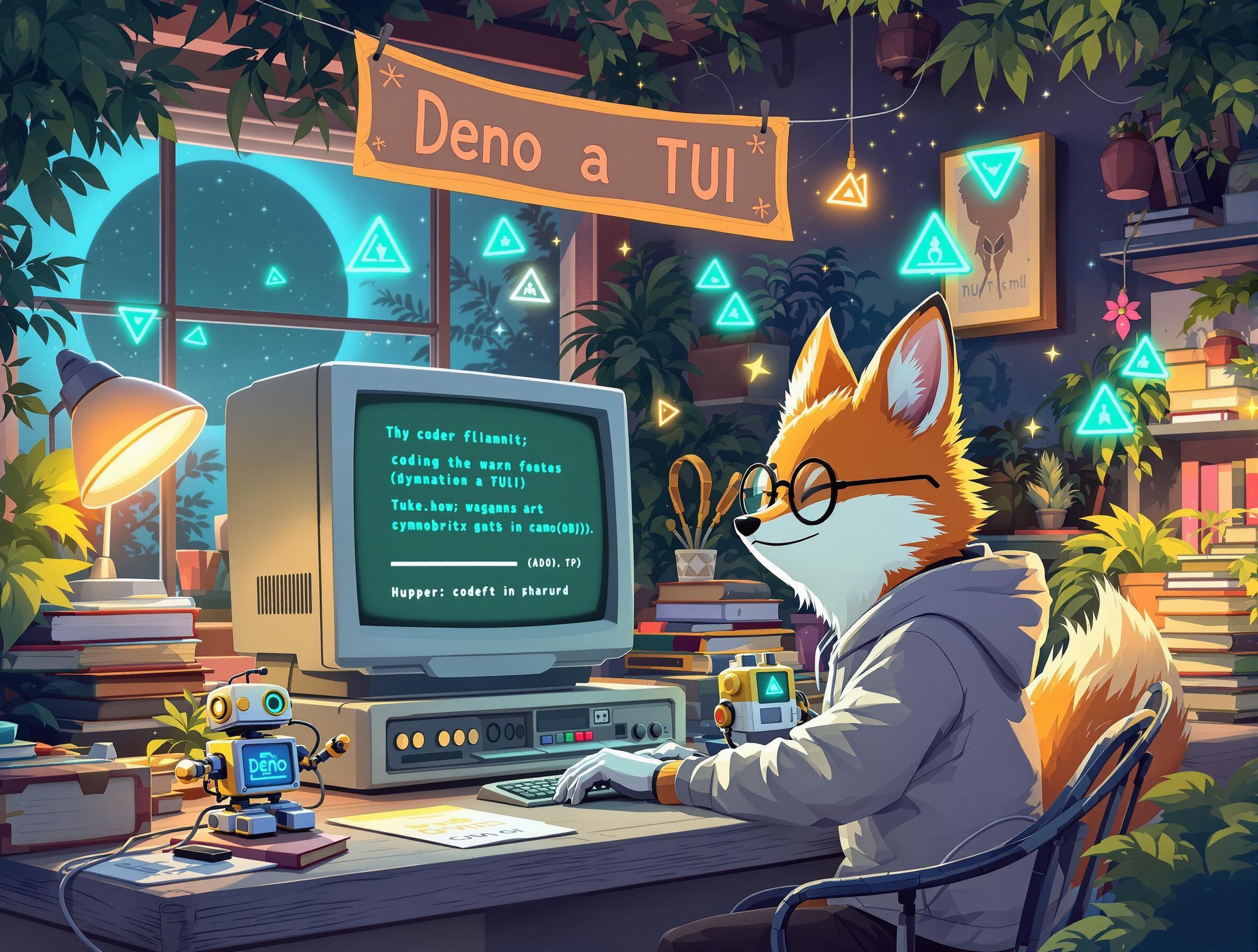 Un renard développeur et son robot assistant créent un TUI avec Deno, dans un atelier magique mêlant rétro et nature.