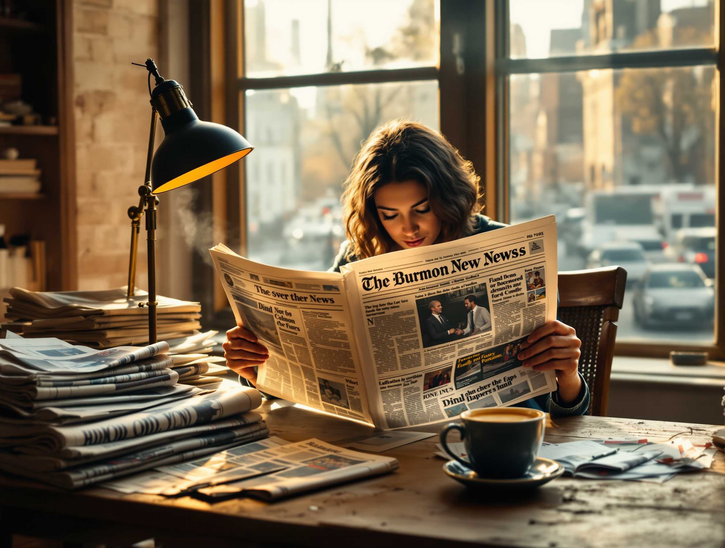 Une personne lit un journal à une table encombrée de piles de journaux, avec une tasse de café et une lampe allumée, devant une fenêtre donnant sur une rue urbaine.