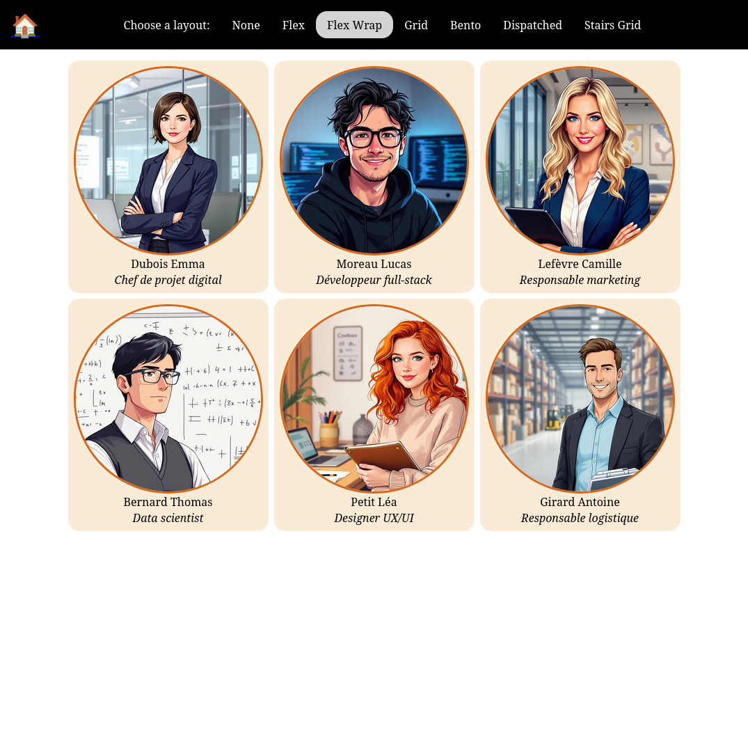 Vue de l'appli avec un layout flex wrap