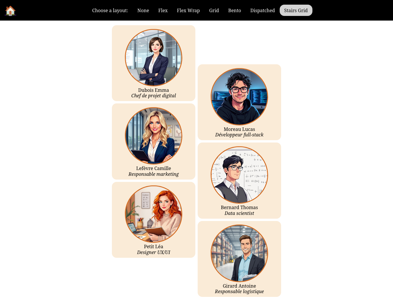 Vue de l'appli avec un layout stairs grid