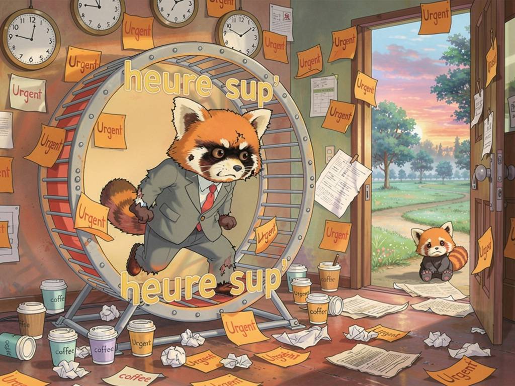 Un panda roux en costume, épuisé, court dans une roue de hamster marquée « heure sup’ », entouré de tasses de café et de notes « Urgent ». À l’extérieur, un bébé panda l’attend dans un parc calme.